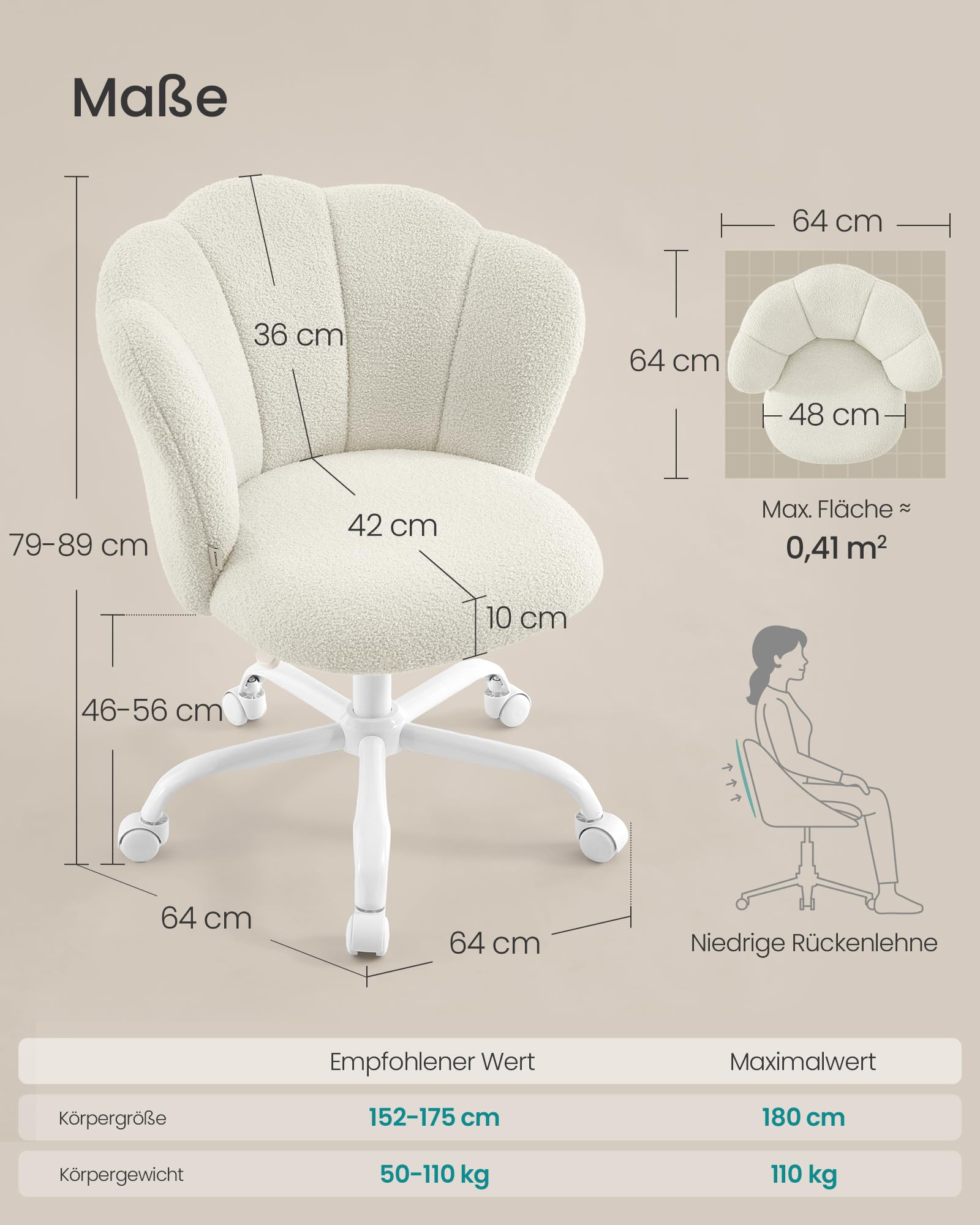 SONGMICS Bürostuhl drehbar, Schminktischstuhl, Fleece, bis zu 110 kg belastbar, Blütenblatt-Rückenlehne, höhenverstellbar, für Wohnzimmer, Schlafzimmer, cremeweiß OBG030WD01