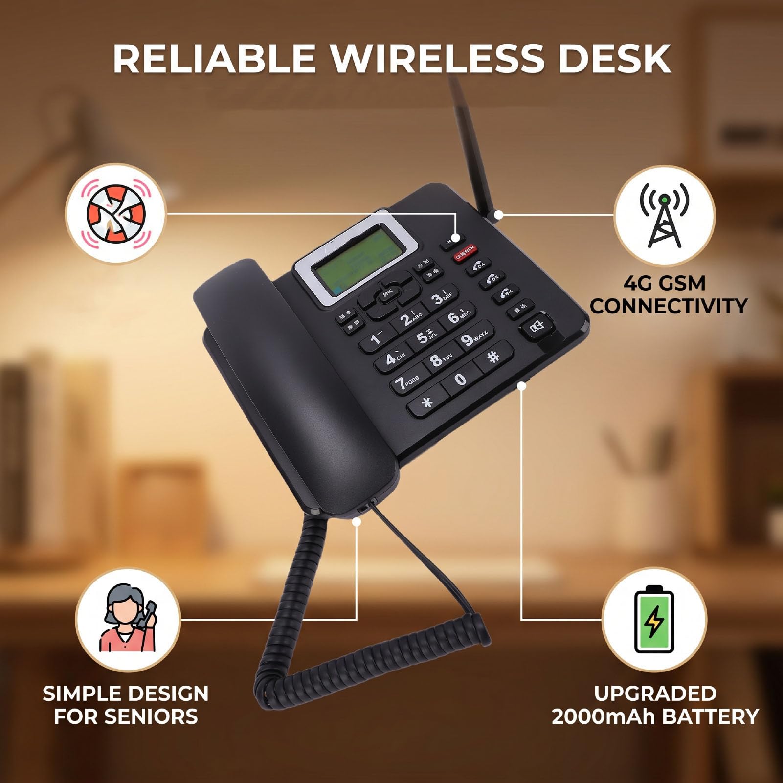 Fockety Telefono da Tavolo Classico GSM Wireless, Telefono Cordless Fisso Mobile Sbloccato 4G con Chiamata di Emergenza SOS, Cellulare retrò per Lavoro o Famiglia