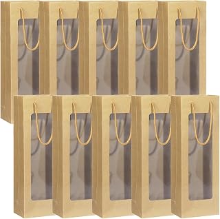 Megitzuu Wine Bottle Gift Bags With Window, 10 Pack Reusable Kraft Paper Gift Bags for Wine Bottle Birthday Party Wedding Bridal Shower