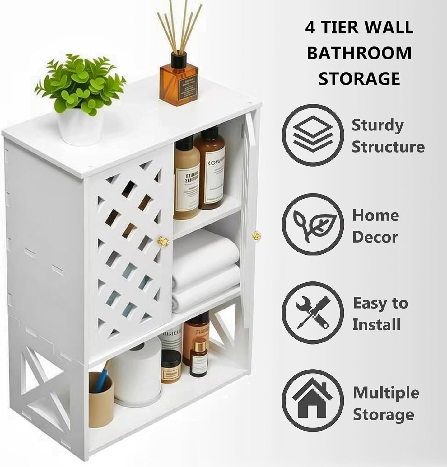 ウォールバスルーム収納 小さな白いキャビネット ドア&amp;オープンシェルフ付き 省スペースオーガナイザー バスルーム/キッチン/