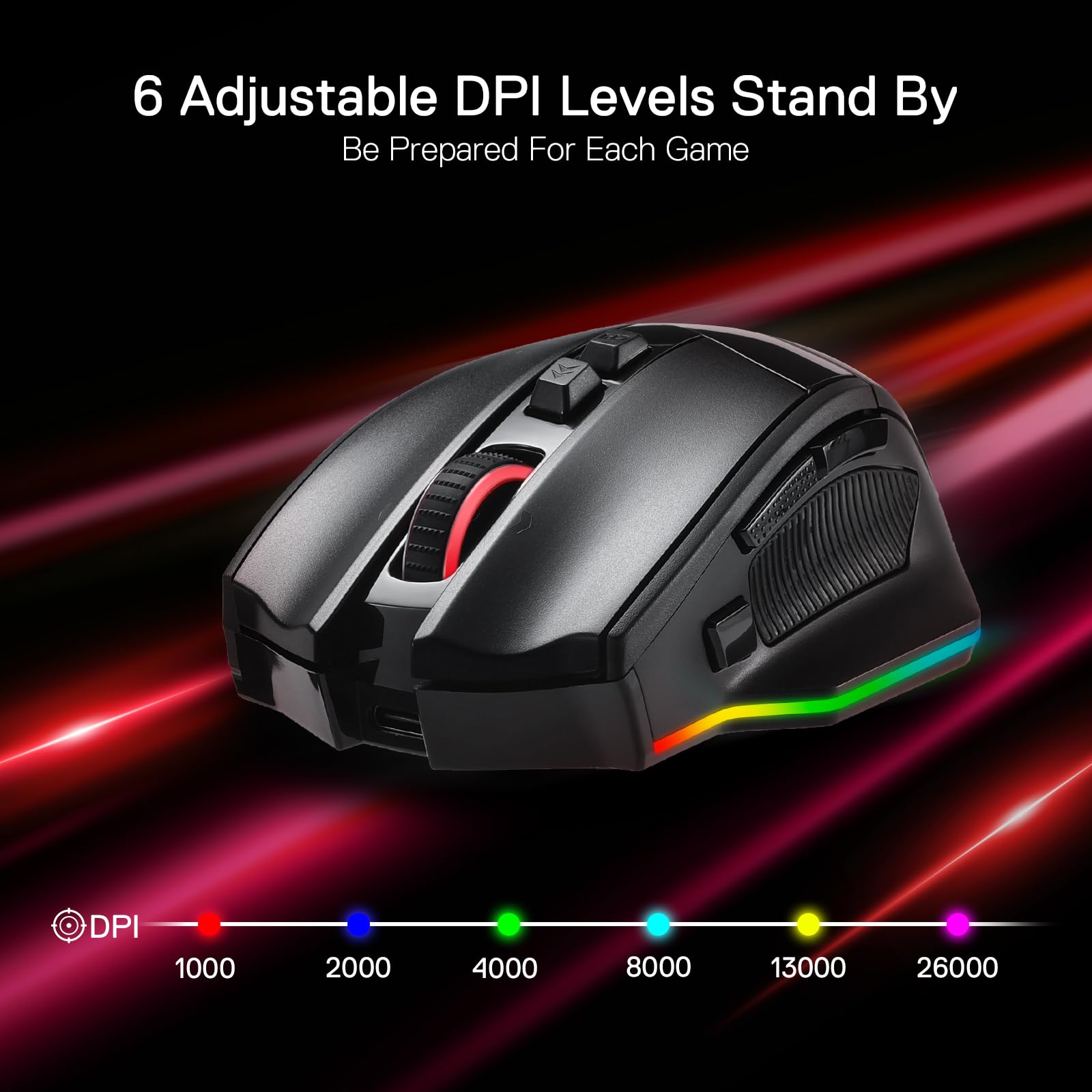 Redragon M813 PRO Souris de jeu RVB 3 modes avec molette de défilement double mode 4D, souris optique ergonomique avec max 26 000 ppp, capteur de précision professionnel 3395, 7 boutons macro,