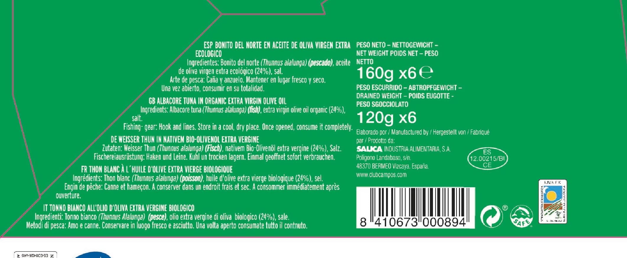 CAMPOS, Conserva de Bonito del Norte de pesca certificada MSC en aceite de oliva virgen extra ecológico - pack de 6 latas de 160 gr.