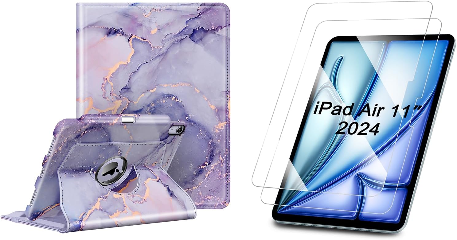 Fintie Rotating Case for iPad Air 11-inch M2 (2024) Bundle with Fintie HD Clear 9H Hardness Tempered Glass Screen Protector