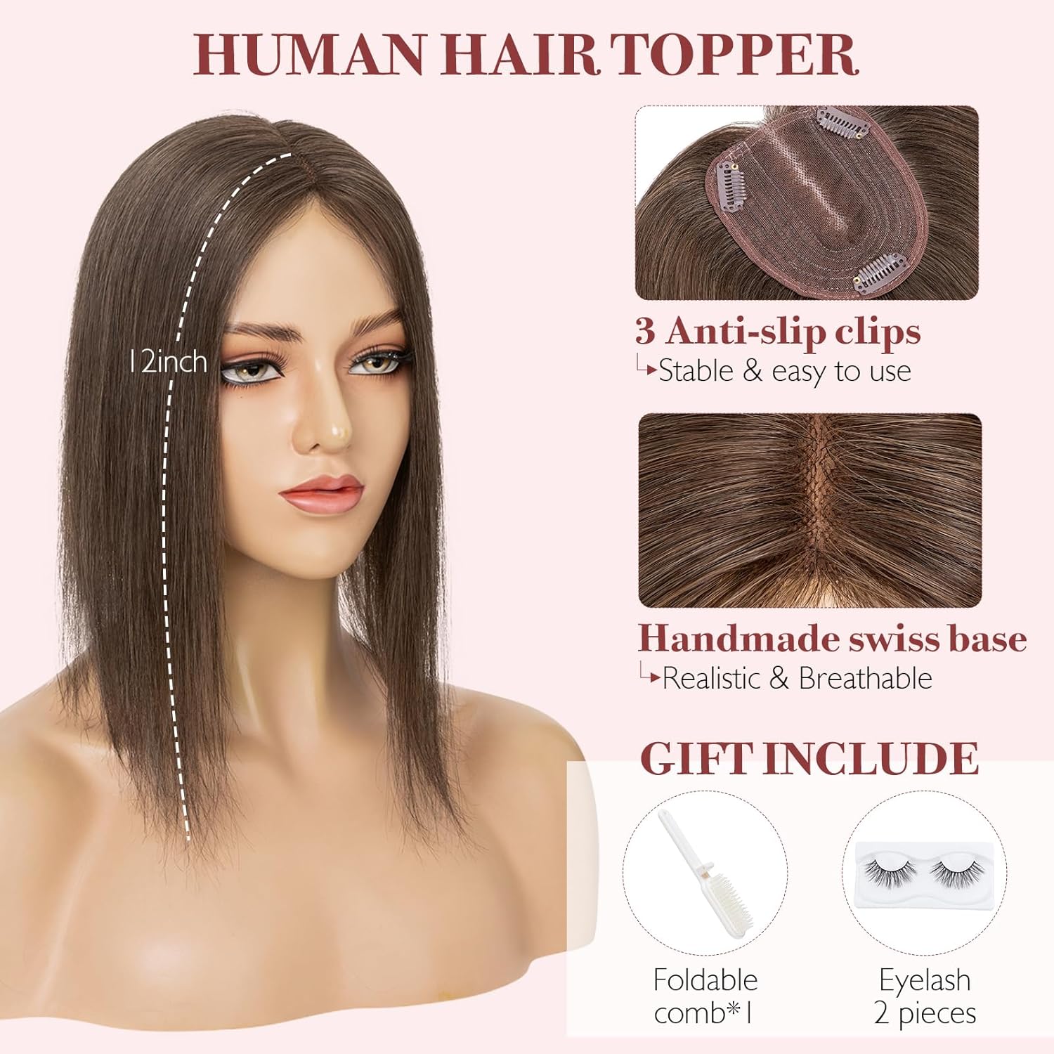 S-noilite Hair Toppers for Women 100% Real Human Hair, 10x12 Upgrade Base Dark Brown Remy HairToppers for Women with no Bangs 10inch 35g #Dark Brown #02 Dark Brown 10 Inch (no Bangs)