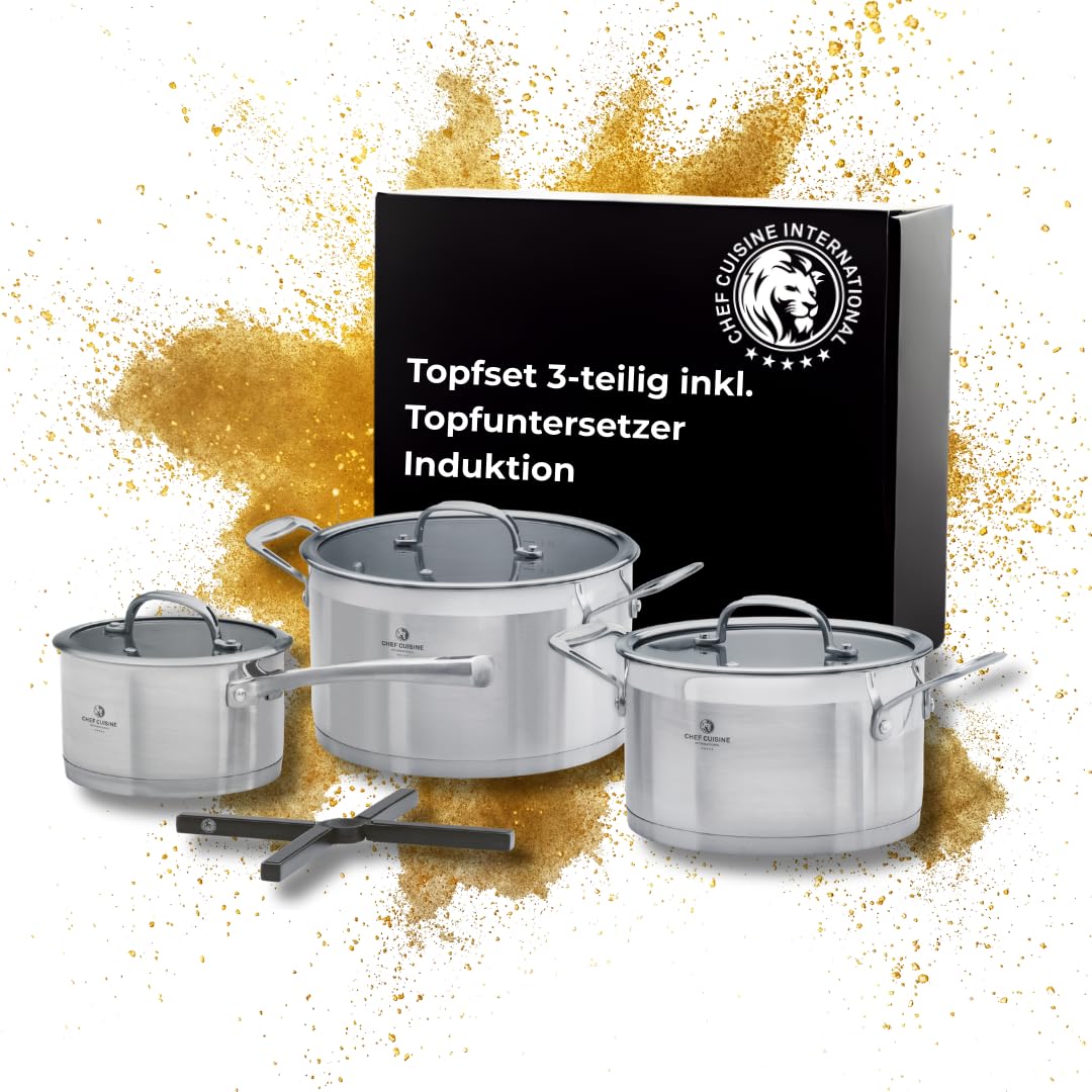 CHEF CUISINE Topfset, 3-tlg., Ø 16/20/24 cm, Glasdeckel, Gratis Topf-Untersetzer, Edelstahl, Aluminiumkern, Rostfrei, Pflegeleicht, Geschmacksneutral Küche, Haushalt & Wohnen