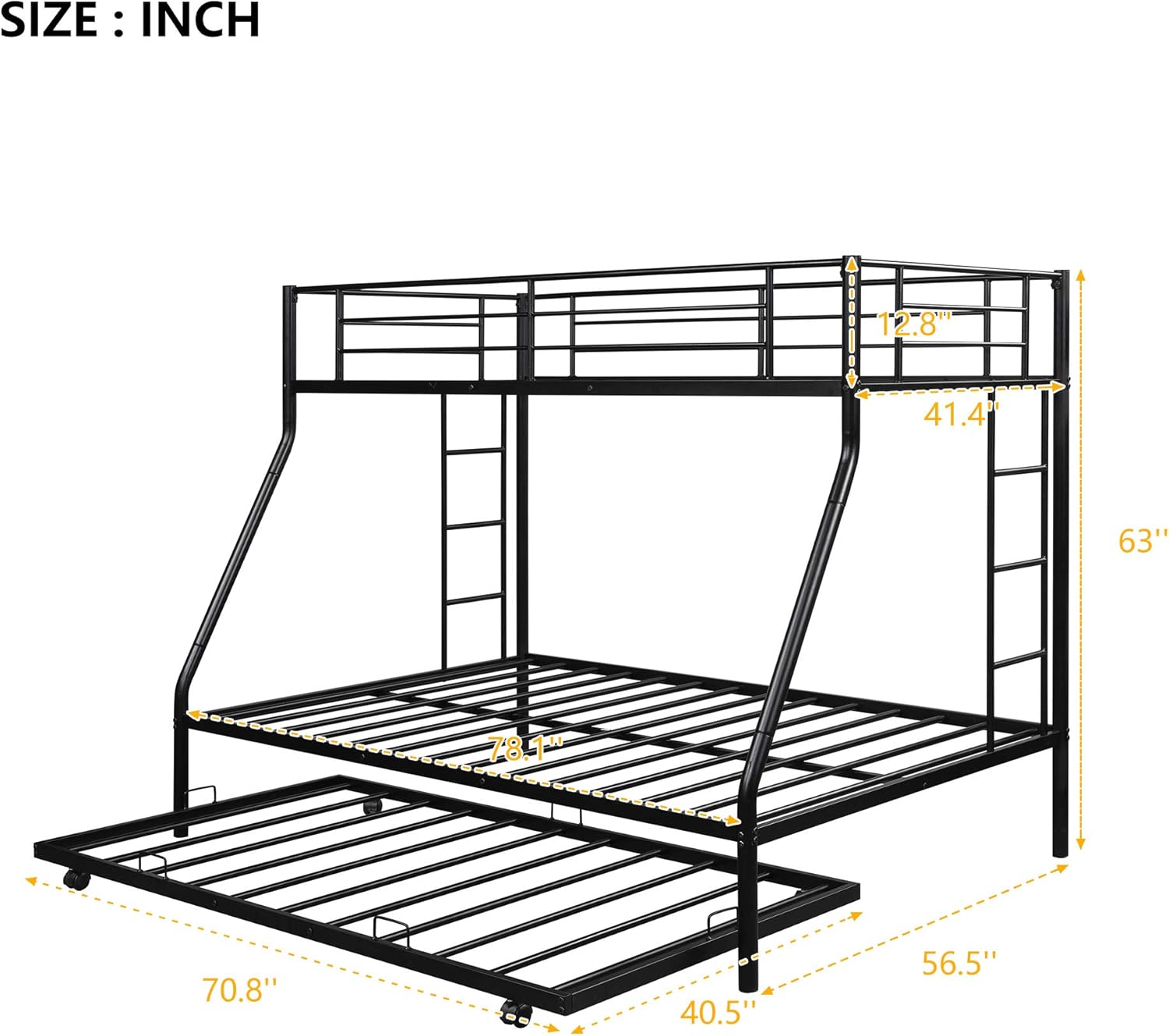 KLMM Metal Bunk Beds Twin Over Full Size with 2 Ladder and Trundle Bed for Kids Teens Adults, (Black)