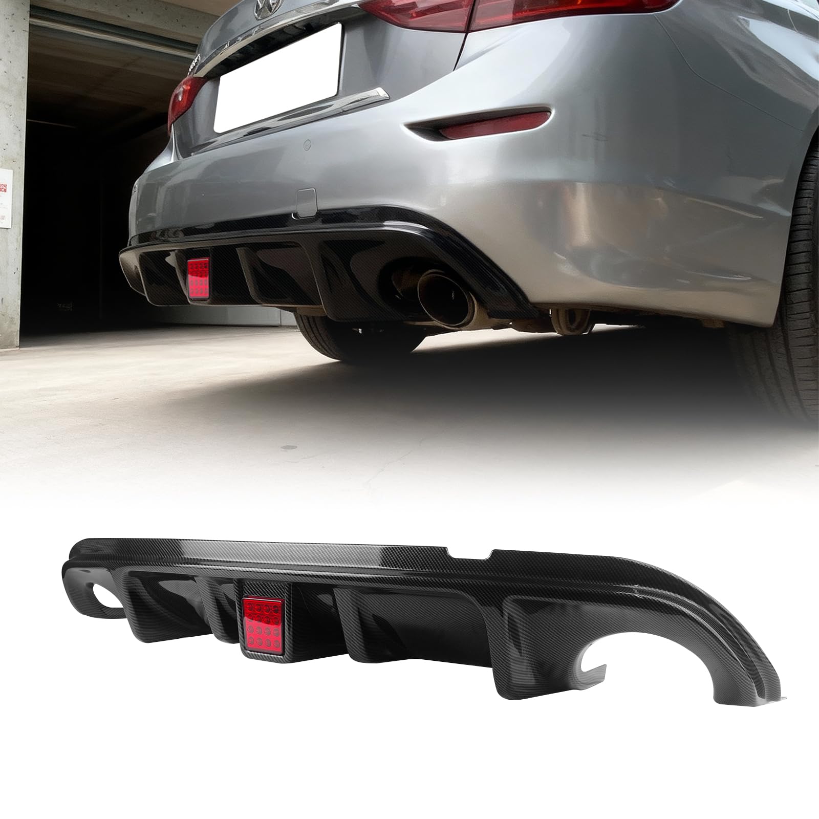 Rear Diffuser W/LED Brake Light Compatible with Infiniti Q50 2014 2015 2016 2017,Rear Bumper Lower Lip Splitter Exterior Accessories (Carbon Fiber Style