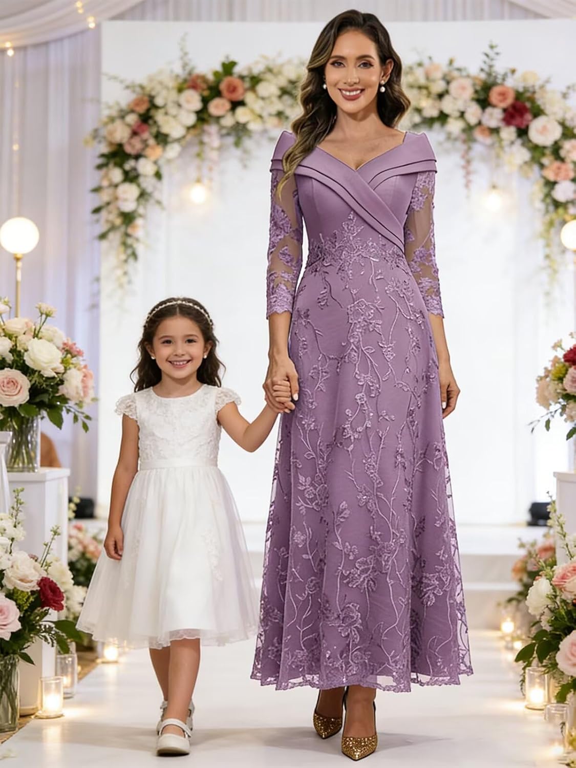 Lace Applique Mother of The Bride Dresses for Women with 3/4 Sleeves Tulle Pleated V Neck Wedding Guest Dress - Image 6