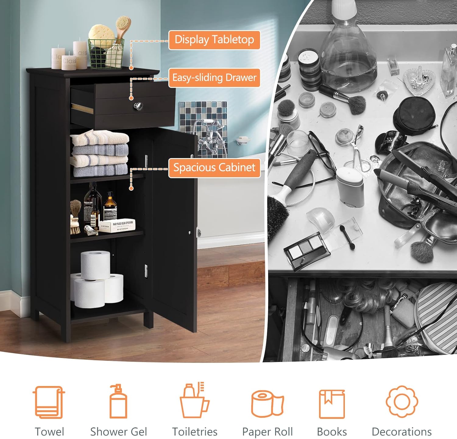 Diagram showing the display tabletop, easy-sliding drawer, and spacious cabinet sections of the Hysache HW66372 cabinet.