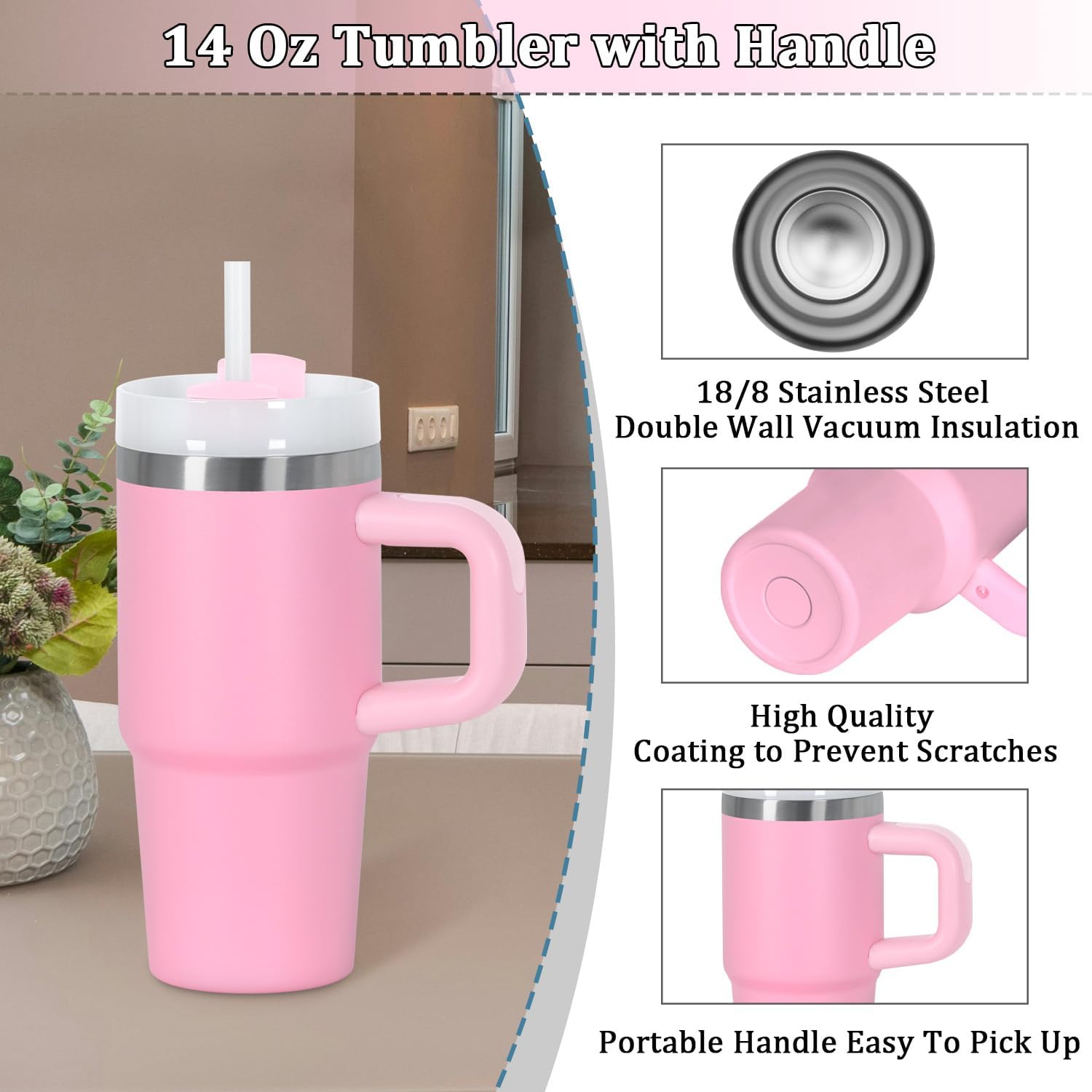 14 Oz Tumbler with Handle and Straw for Kids, Stainless Steel Vacuum Insulated Tumbler Keep Cold Heat and Ice, Gifts for Children Cups (Pink) - Image 5