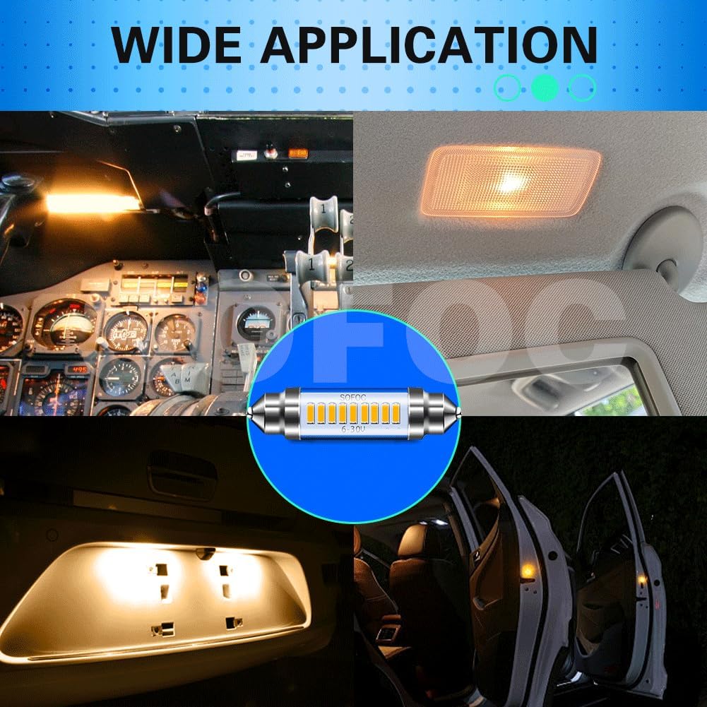 SOFOC 578 LED Bulb, 41mm Festoon 211-2 212-2 DE41, Canbus Error Free 6-30V Non-Polarity, 500LM Super Bright Warm White 9-SMD 4014 Chip for Car Interior Dome Map Courtesy Trunk RV Boat Lights (2-Pack)