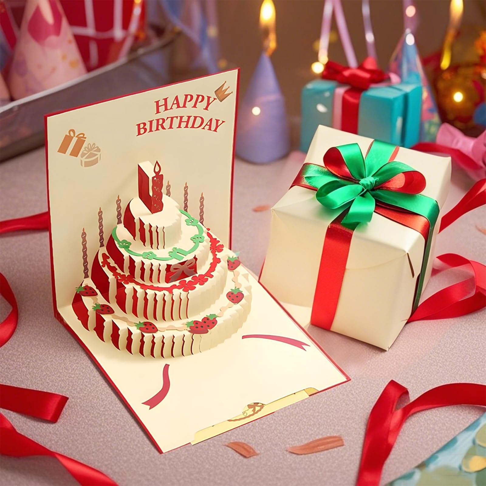 Happy Birthday Card with Envelope Handmade Greeting Card 3D Pop Up Design for Men Women Parents Unique Gift (Red)