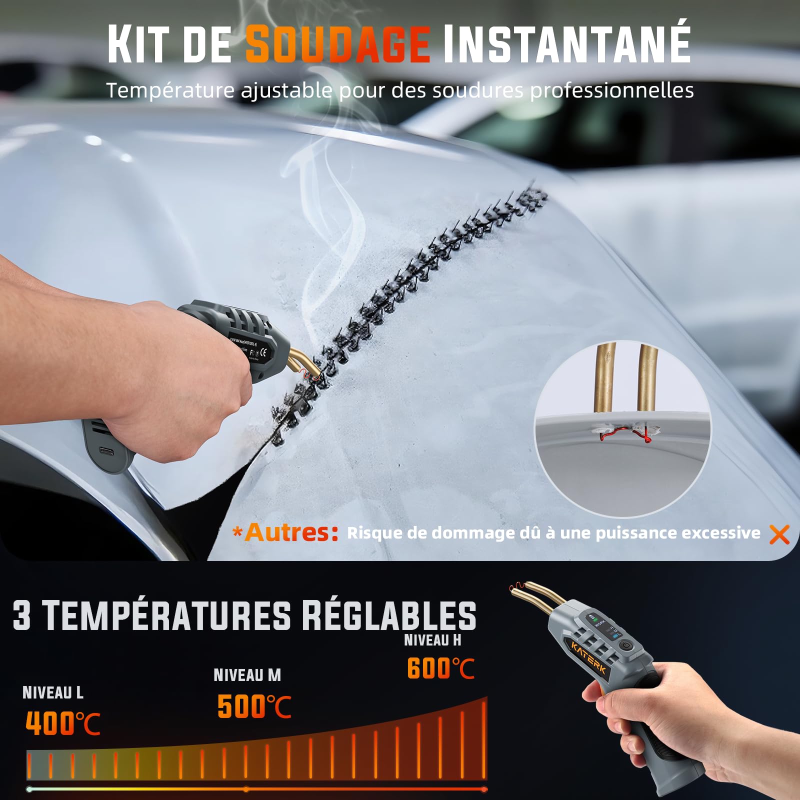 Katerk Soudage Plastique Machine, Fer a Souder Plastique avec 400PCS Agrafeuse Chaud, Bâtons Soudage & Outil de Truelle, Kit Reparation Plastiques pour Réparer un Auto/Moto Pare-Chocs