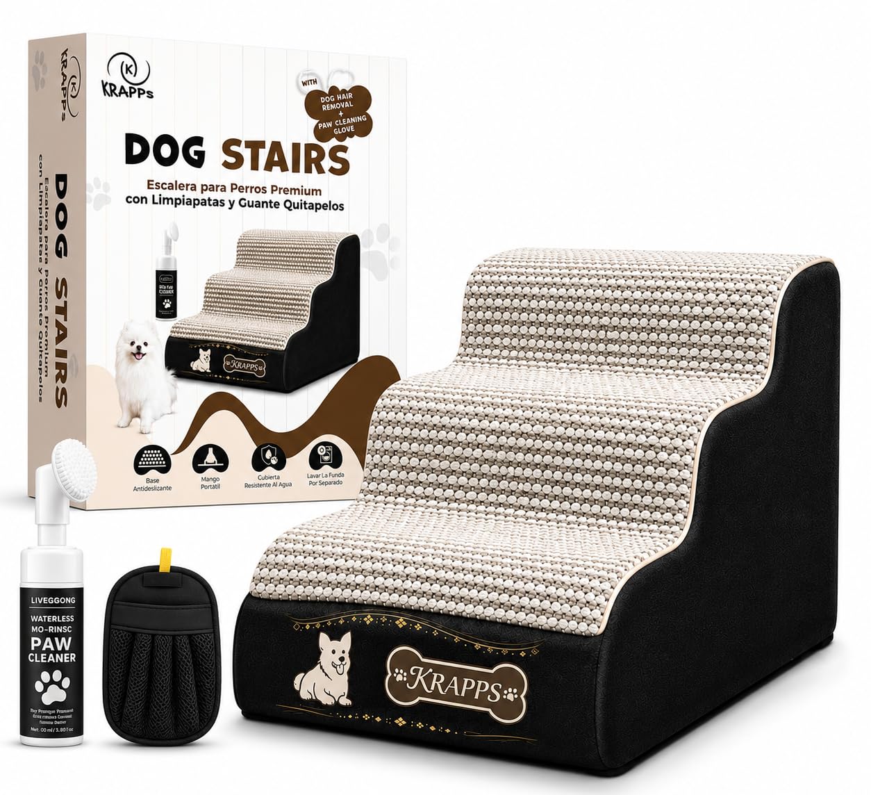 Scaletta per Cani a 3 Gradini con Lavazampe e Guanto Rimuovipeli | Scala per cani per letto e divano, schiuma 30D, rivestimento sfoderabile e idrorepellente, base antiscivolo, 40 x 60 x 40 cm
