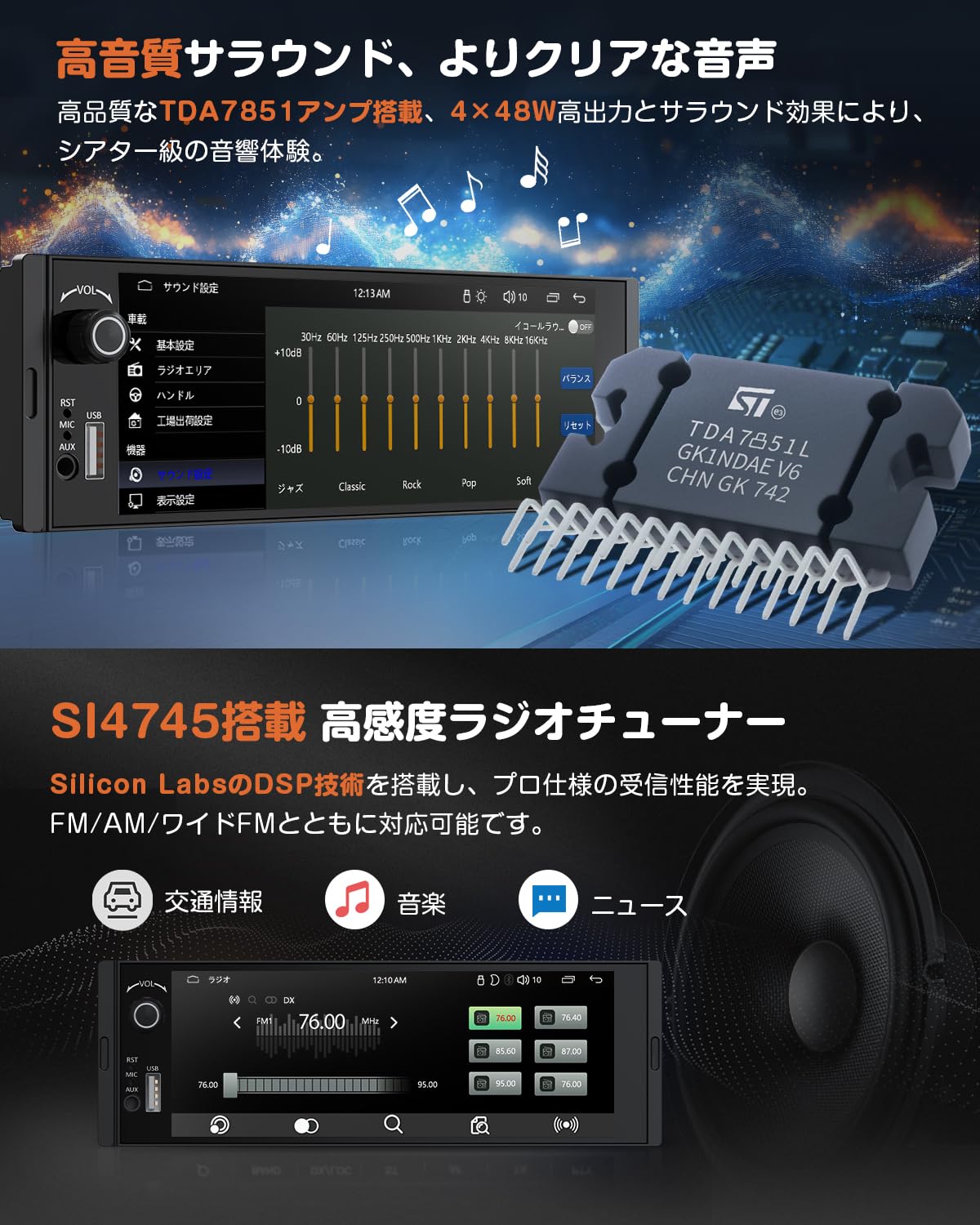 Amazon.co.jp: EONON X3UJ-Y Car Audio, 1 DIN Display Audio, 6.28