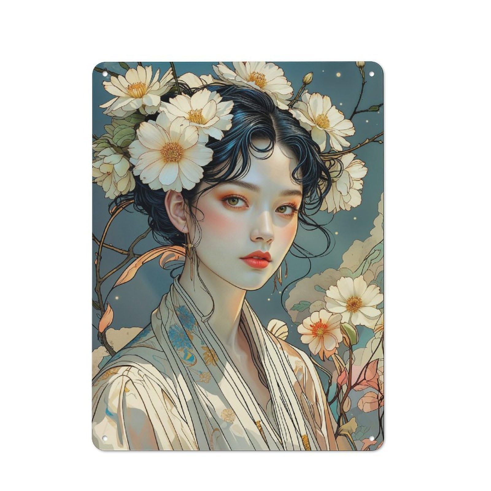 Junmoney Angelic Beauty With White Flowers Metal Wall Sign 40X30cm Featuring For Garage Or Workshop, For Garage, Workshop And Man Cave Decoration