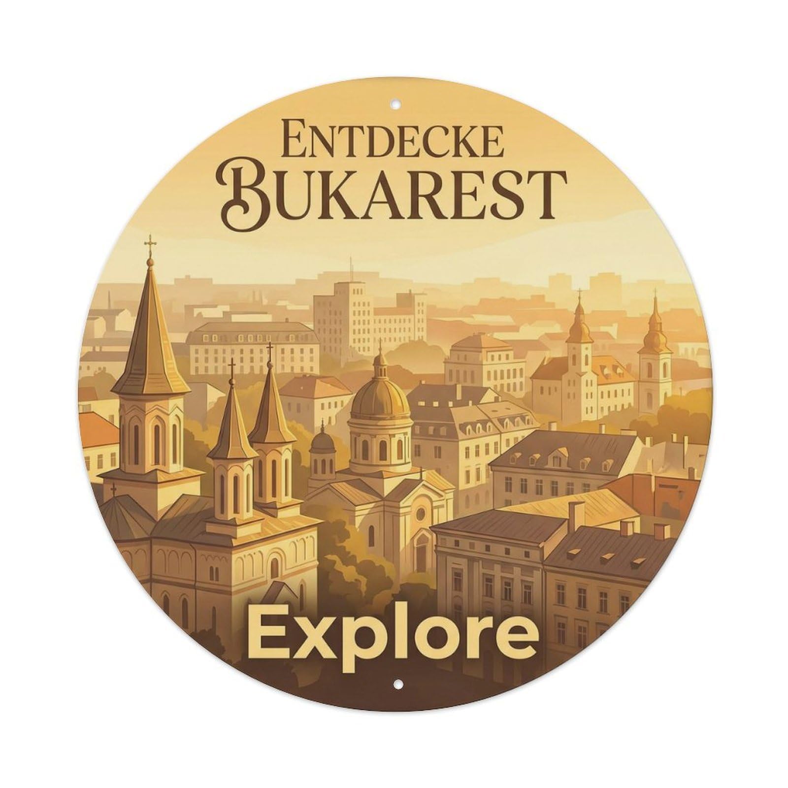 Cityscape Bucharest City Explore Classic Destination Metal Tin Sign Plaque Wall Decor for Cafe, Man Cave, Club Bar, Office, Home Garden Round Metal Poster 8x8Inch