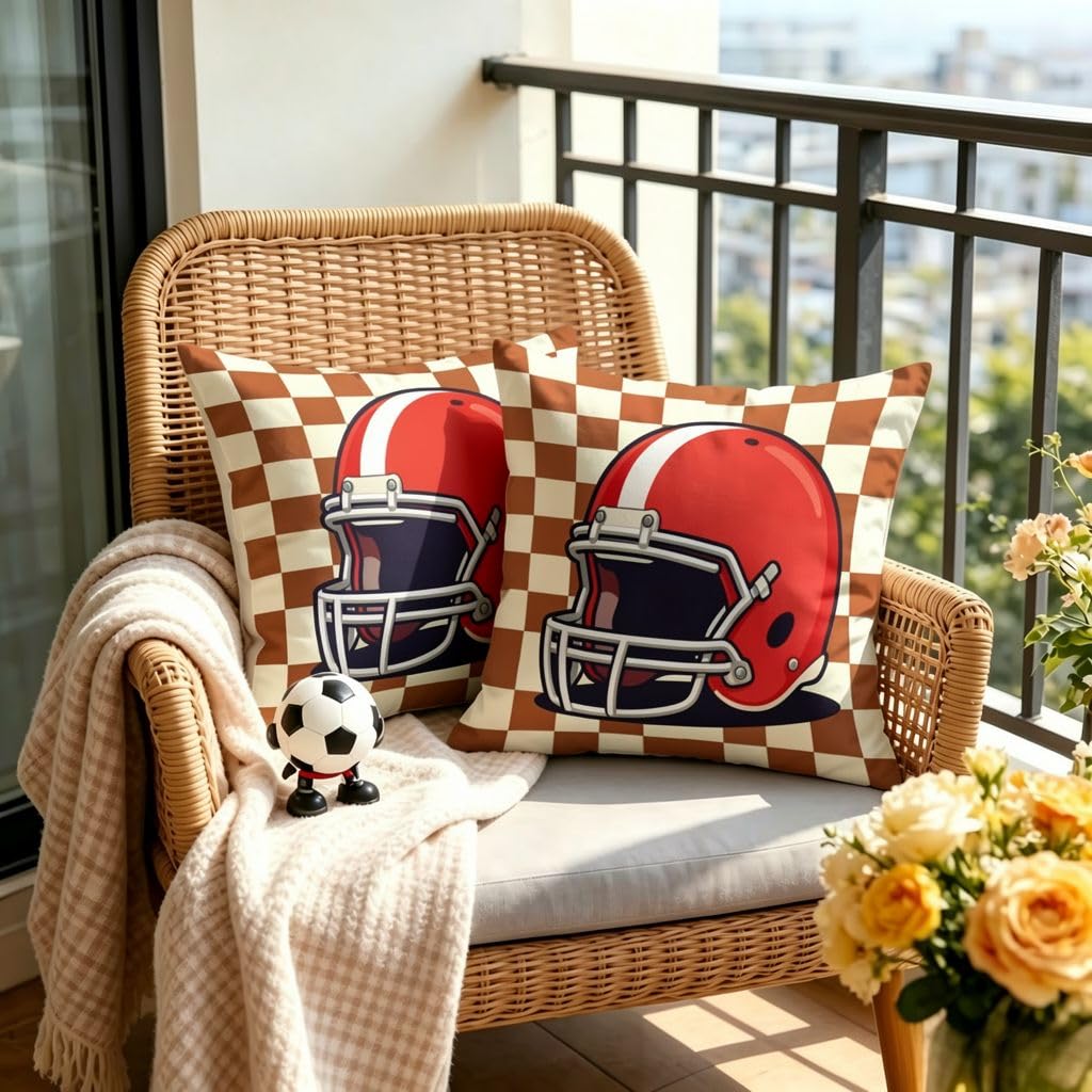 Red Football Helmet Linen Throw Pillow Covers -16x16