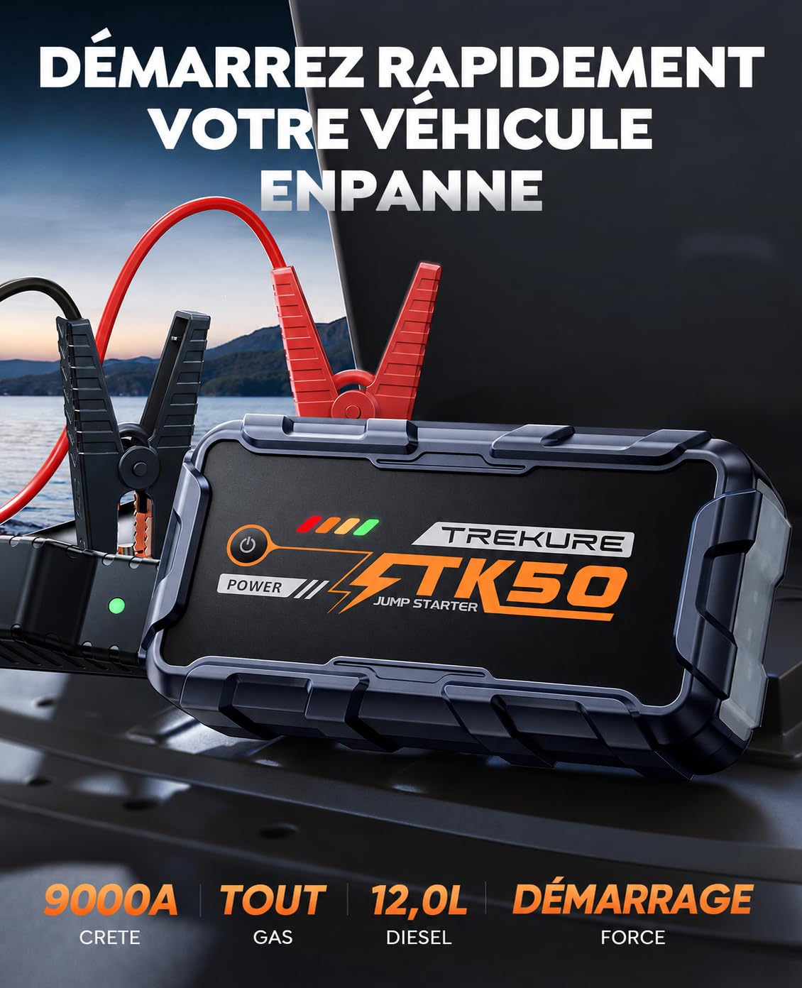 Booster Batterie Voiture 9000A 26800mAh, Démarreur Batterie Voiture(Tout Gaz ou 12L Diesel), 12V Booster Voiture Portatif avec 800 Lumens LED, 18W USB Charge Rapide, Étendu 8 Wag Câble, Poignée