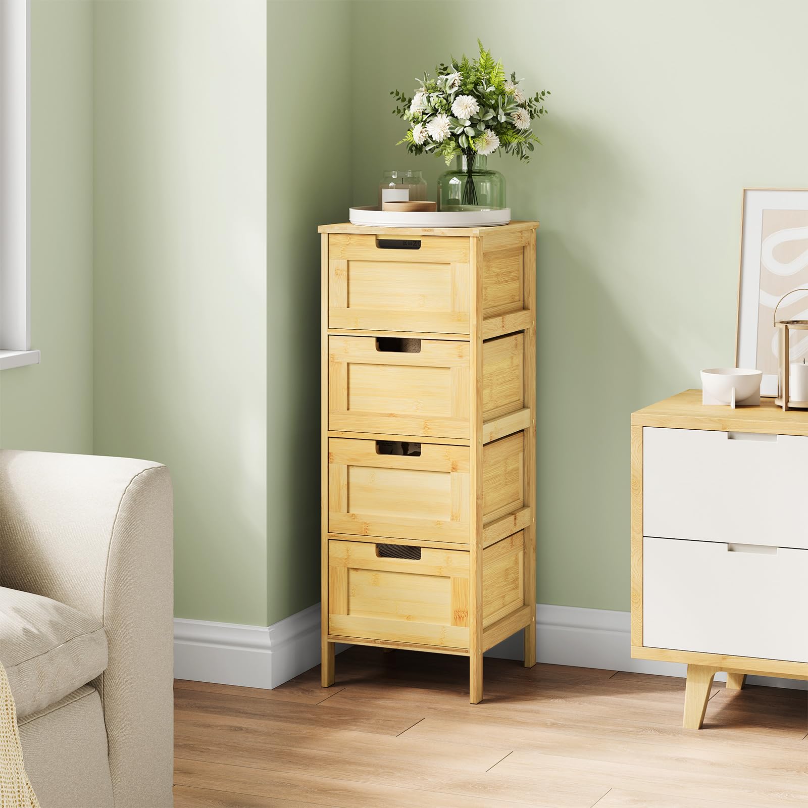 EUGAD Badezimmerschrank, Badschrank Bambus, Badregal mit 4 Schubladen, Badkommode stehend, Beistellschrank für Badezimmer Küche Flur, 30x80x30 cm