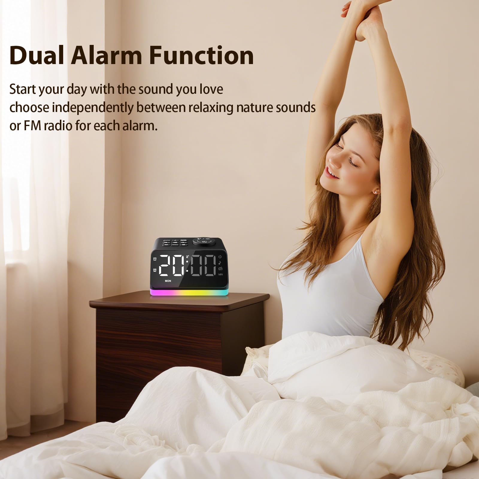 Digitaler Radiowecker für das Schlafzimmer – 8-farbiges Nachtlicht (0-100% dimmbar), Doppelalarm mit 7 Wecktönen, flexibler Schlaf-Timer (10-480 Min), 2 USB-Ladeanschlüsse, zuverlässiger Netzbetrieb