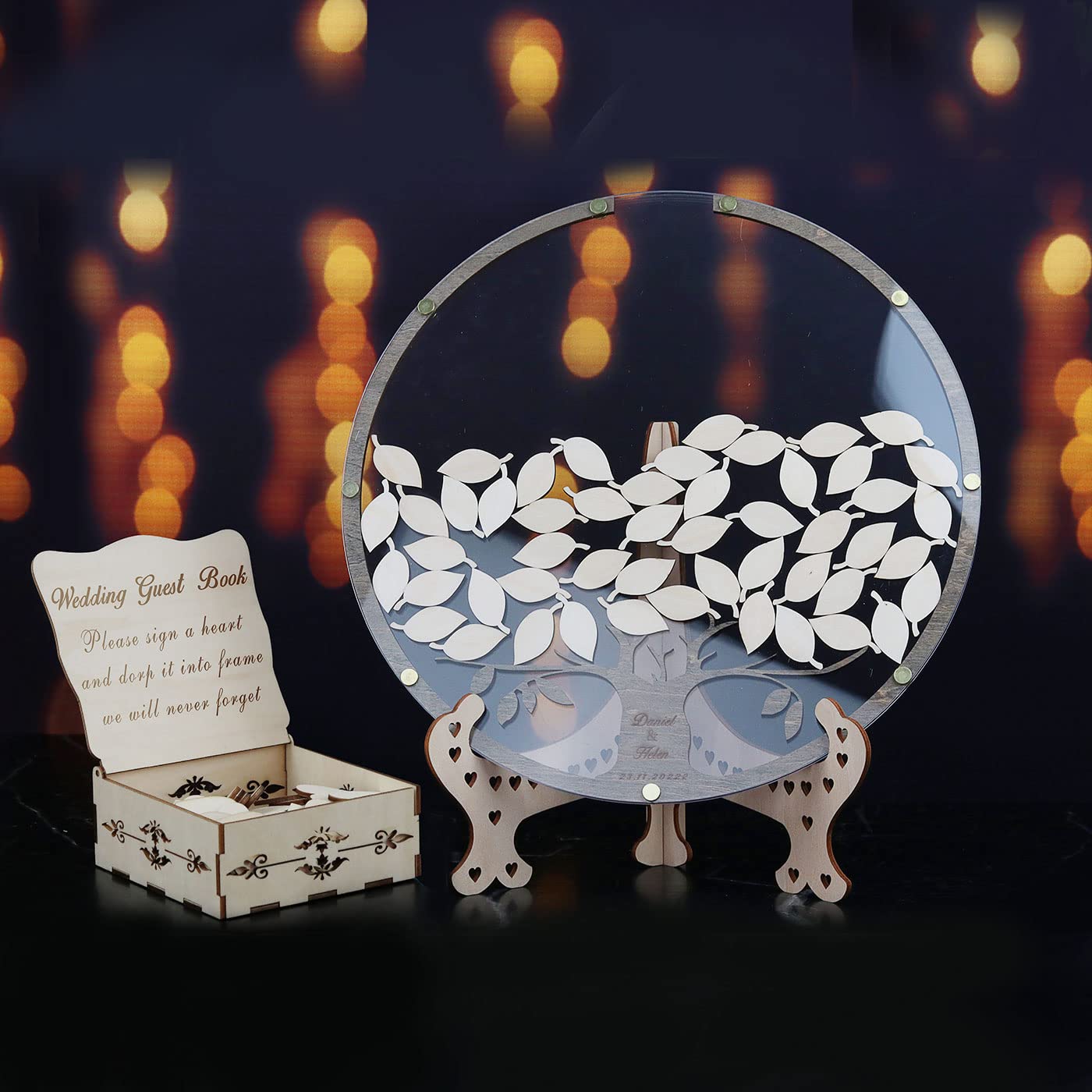 Livre d’or Arbre Personnalisable – Livre d’or de Mariage Alternatif avec Feuilles et Boîte – Cadre Rond en Bois et Acrylique pour Décoration Rustique (Anniversaire, Naissance)