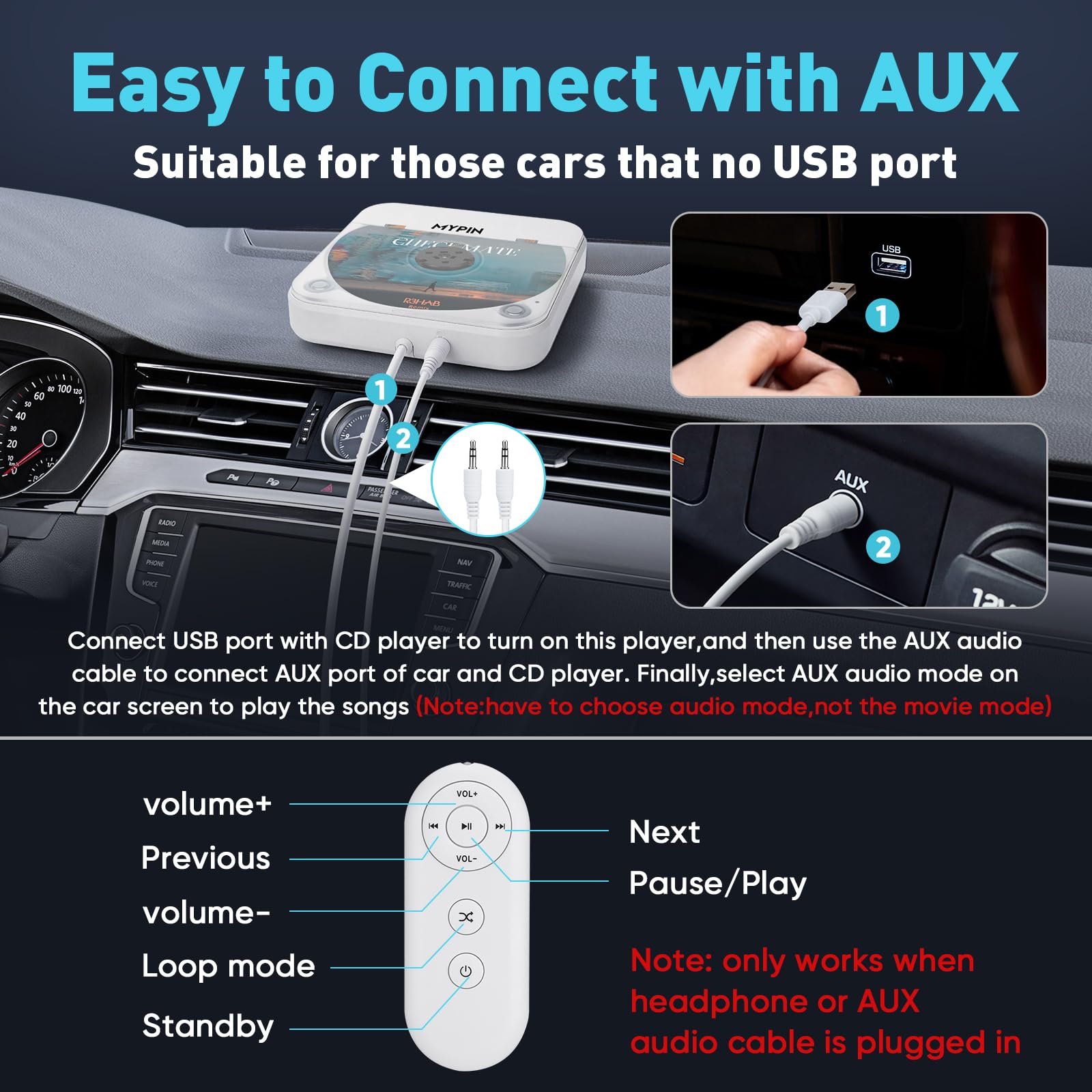 Lecteur CD Portable avec Port USB/AUX, Lecteur CD Externe Compatible avec Autoradio, Ordinateur Portable, Téléviseur, Ordinateur, Universel pour Véhicules, Prend en Charge CD/CD-MP3