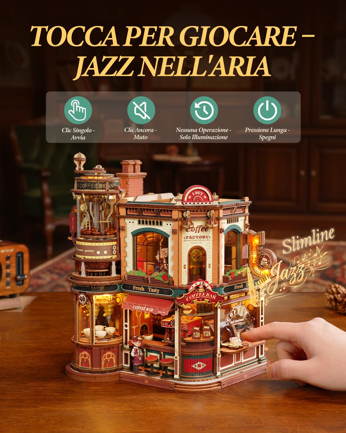 ROKR Puzzle 3D Legno Dream Coffee Factory,Caffè all'Angolo Modellismo da Costruire,Regali DIY Fatti a Mano per Adulti,EAB02