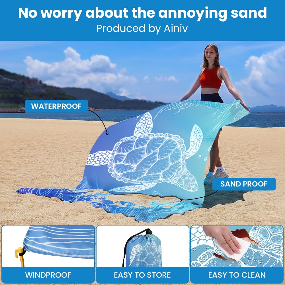 Ainiv Beach Blanket, Large Beach Mat 140 x 210 cm (2-3 People) Foldable, Picnic Blankets Sandproof Waterproof, Beach Accessories Outdoor Blankets with 6 Fixed Nails for Beach, Camping, Hiking, Picnic - Image 3