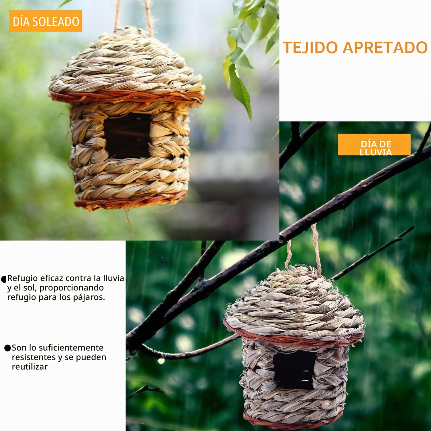 2 Piezas Nido Exterior Tejidas a Mano con Hierba, Casa Colgante para Pájaros Pequeños (Round)