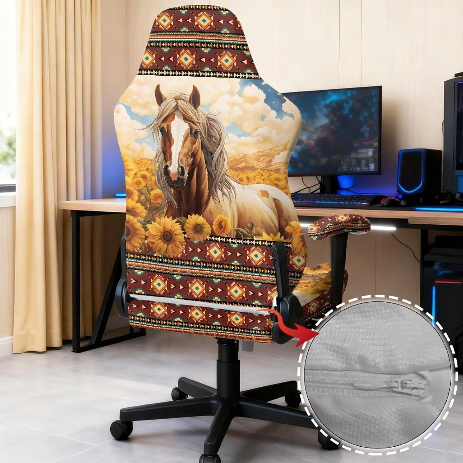 Talayituse Aztec Tribe Horse Sunflower Print Office & Gaming Chair Slipcover Breathable Stretch Computer Desk Chair Cover with Zipper 4-Piece Racing Computer Chairs Slipcover Set