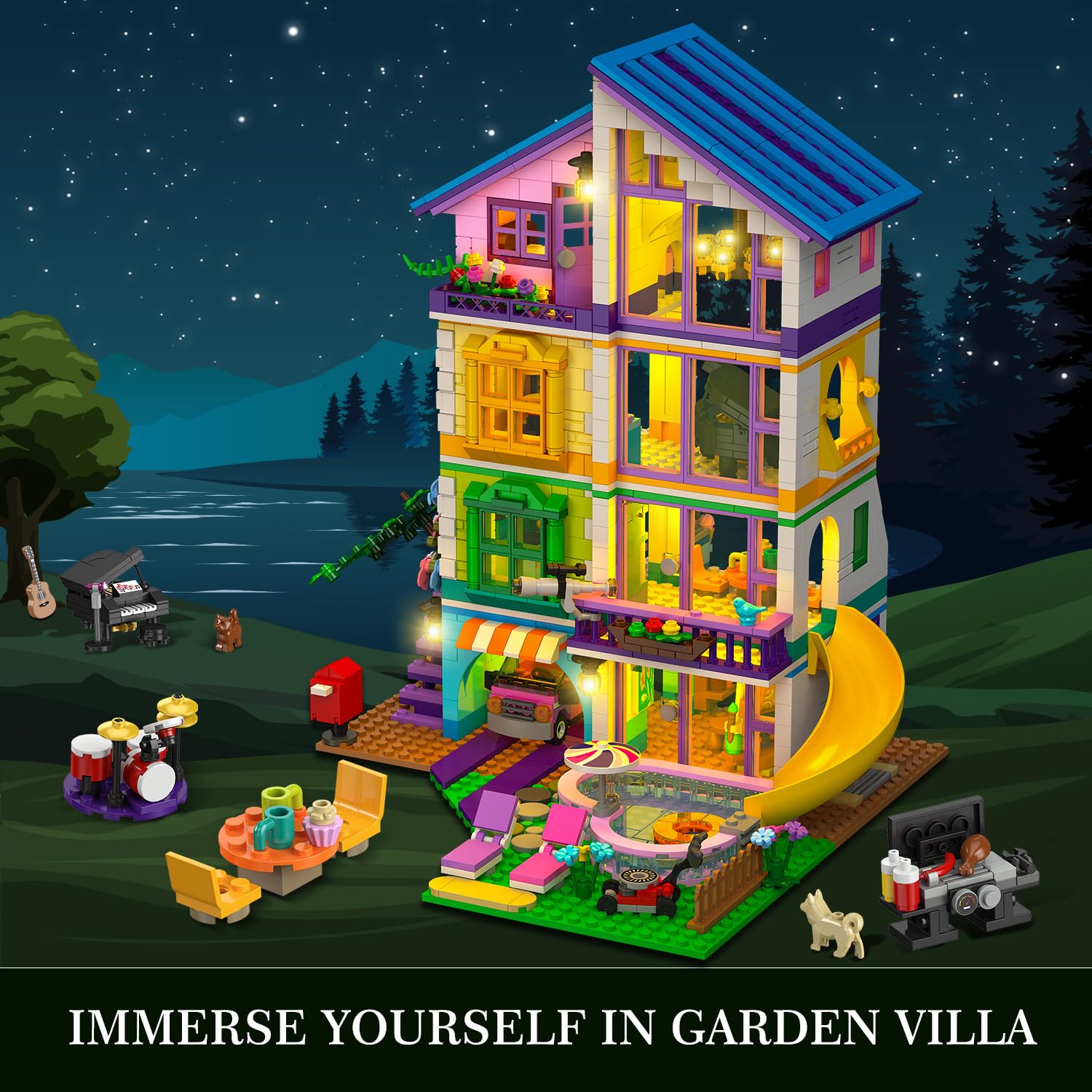 HOGOKIDS Girls House Building Set with LED Light - 1317 PCS Friends Villa Block Toy with Car and Pool, Garden 4 Floor Building Kit for Role Play, Birthday Gift for Girls Boys Kids Ages 8-14+