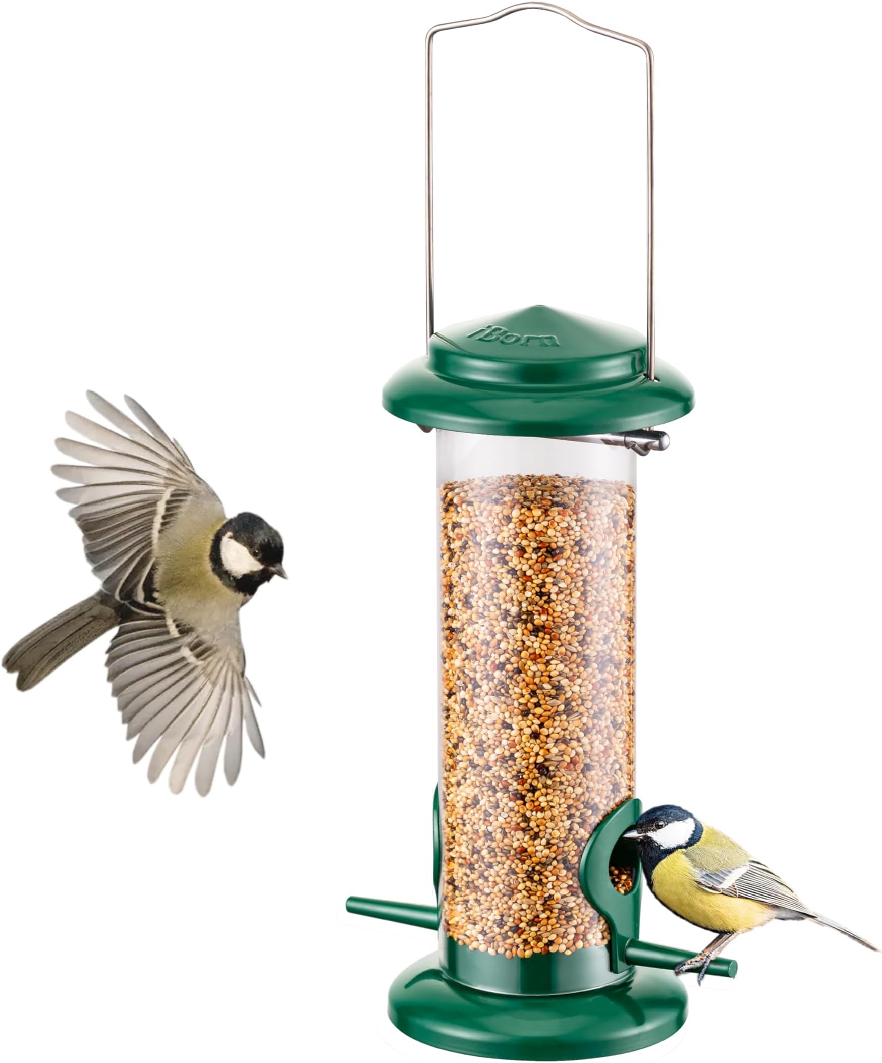 Metal Bird Feeder Hanging Wild Bird Seed Feeder for Mix Seed Blends, Niger Seed Feeder, Sunflower Heart, Birdbath, Heavy Duty All Metal Green Finishing, Green 8 Inch