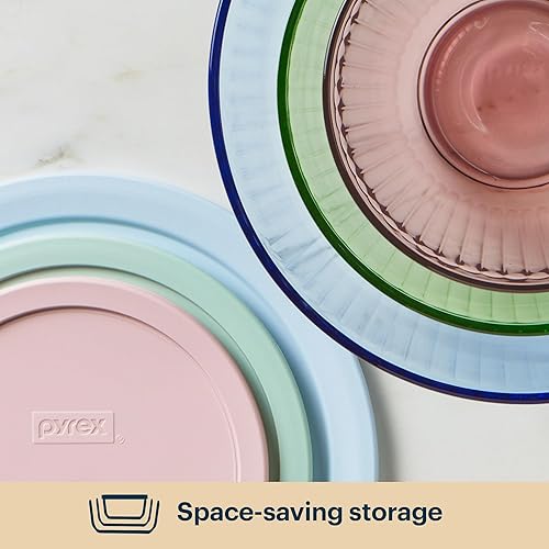 Miniatura 5 de Pyrex Colores Tintados (Paquete de 3, Juego Completo) Tazones de Mezcla de Vidrio Tintado Esculpido con Tapas, Juego de Tazones Anidables que