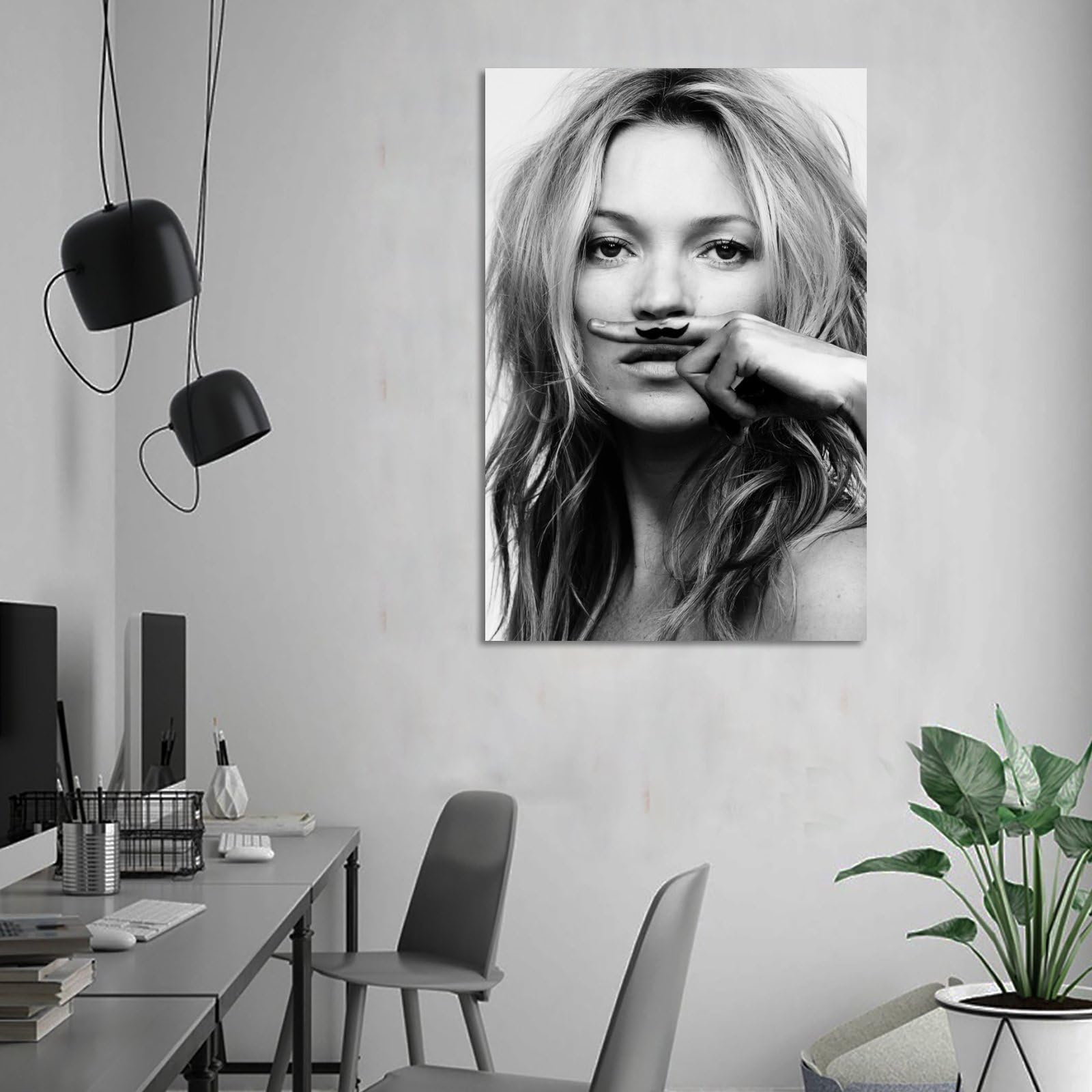 Poster Déco Kate Moss Moustache - Impression Artistique Noir Et Blanc, 30x45 Cm, Décoration Murale Moderne