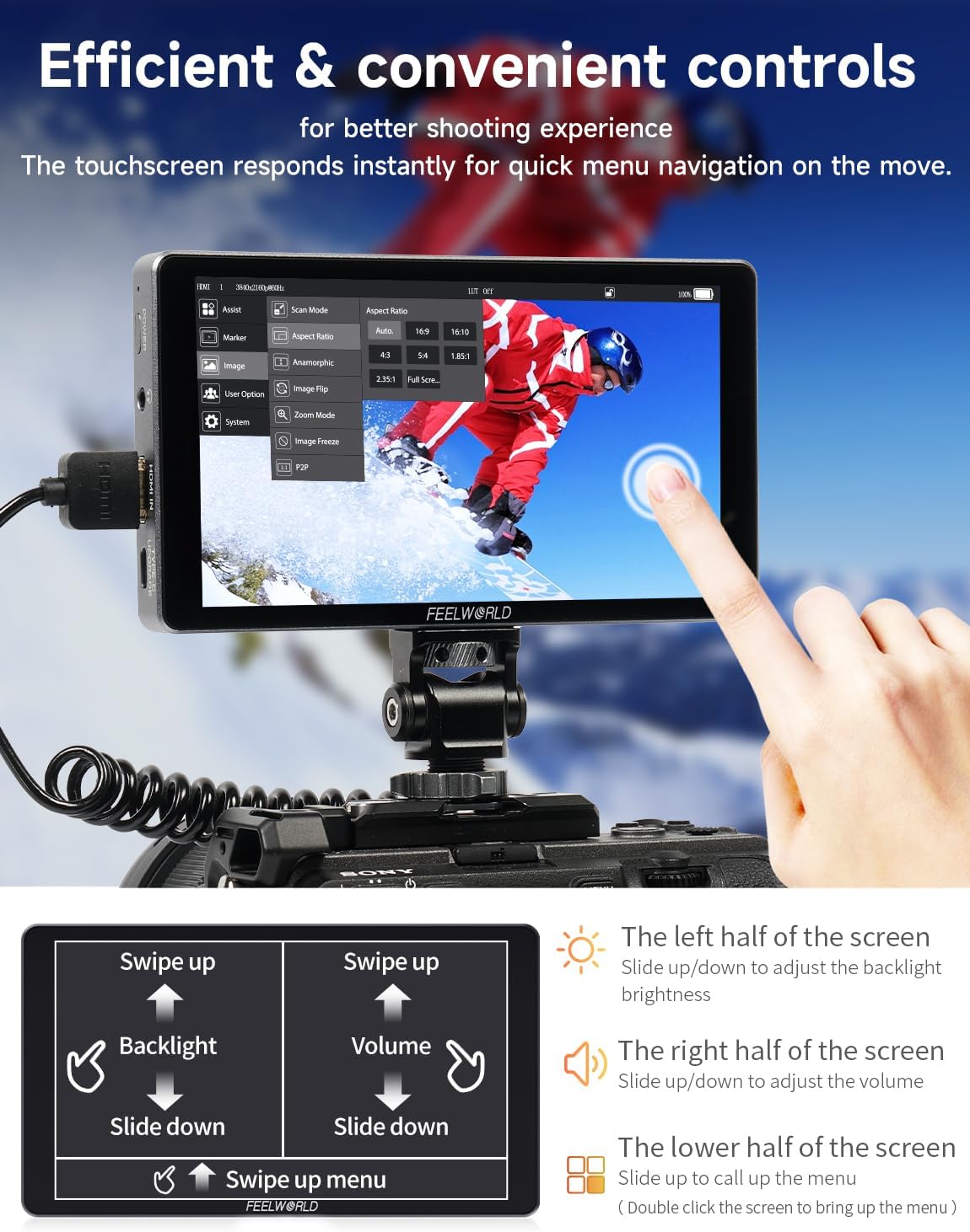 FEELWORLD P6XL+HMDI Cable Bundle 6 Inch Field Monitor, 1200nit High Brightness, 4K HDMI, Touch Screen, Built-in Battery, Aluminum, for DSLR Camera
