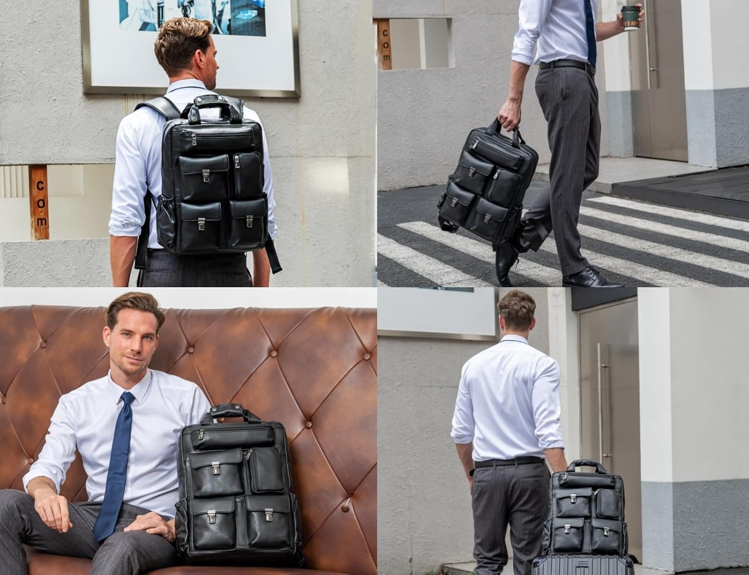 Masa Kawa Black Leather Backpack for Men 15.6 Inch Laptop Bag Multi Pockets Casual Work Business Travel Daypack - Image 6
