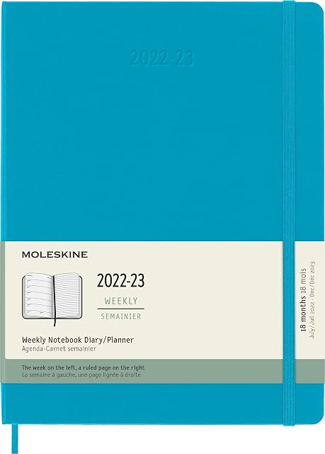 Moleskine - Weekly Planner 18 Months 2022-2023, Weekly Planner With Hard Cover And Elastic Closure, Size XL, 25 x 19 cm, Blue