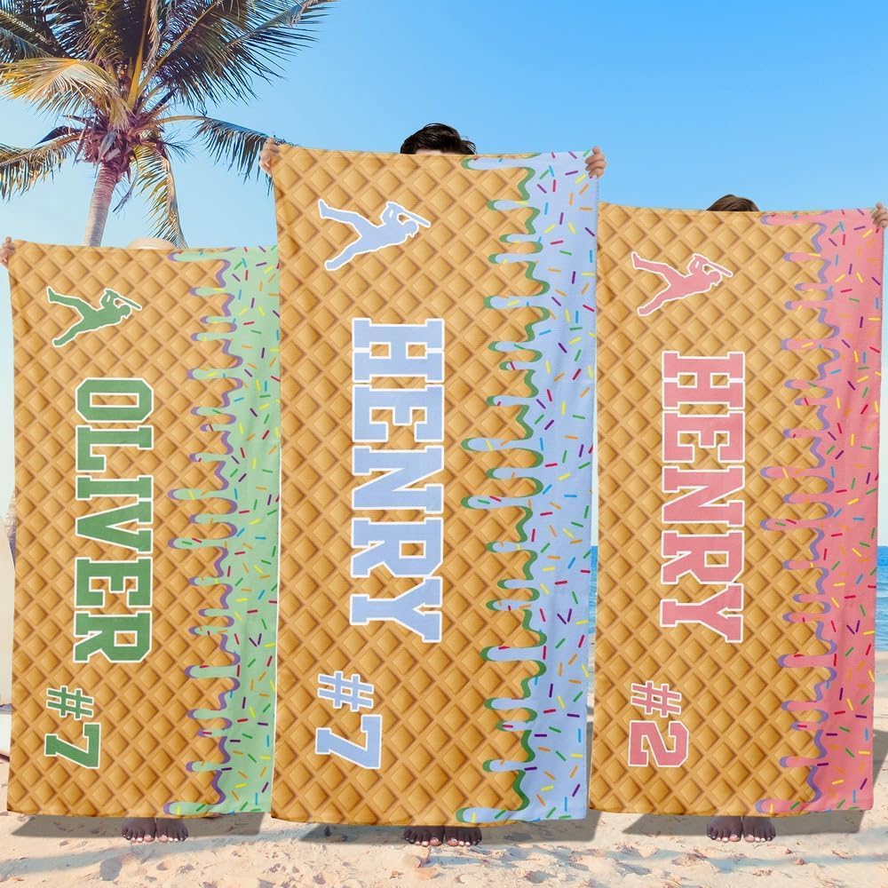 Loosusu Personalised Beach Towels for Kids - Custom Ice Cream Drip Baseball Beach Towel for Boys,Customised Ultra Absorbent Super Soft Swim/Pool Towel,Team Gift,Youth Baseball Gift for Boys
