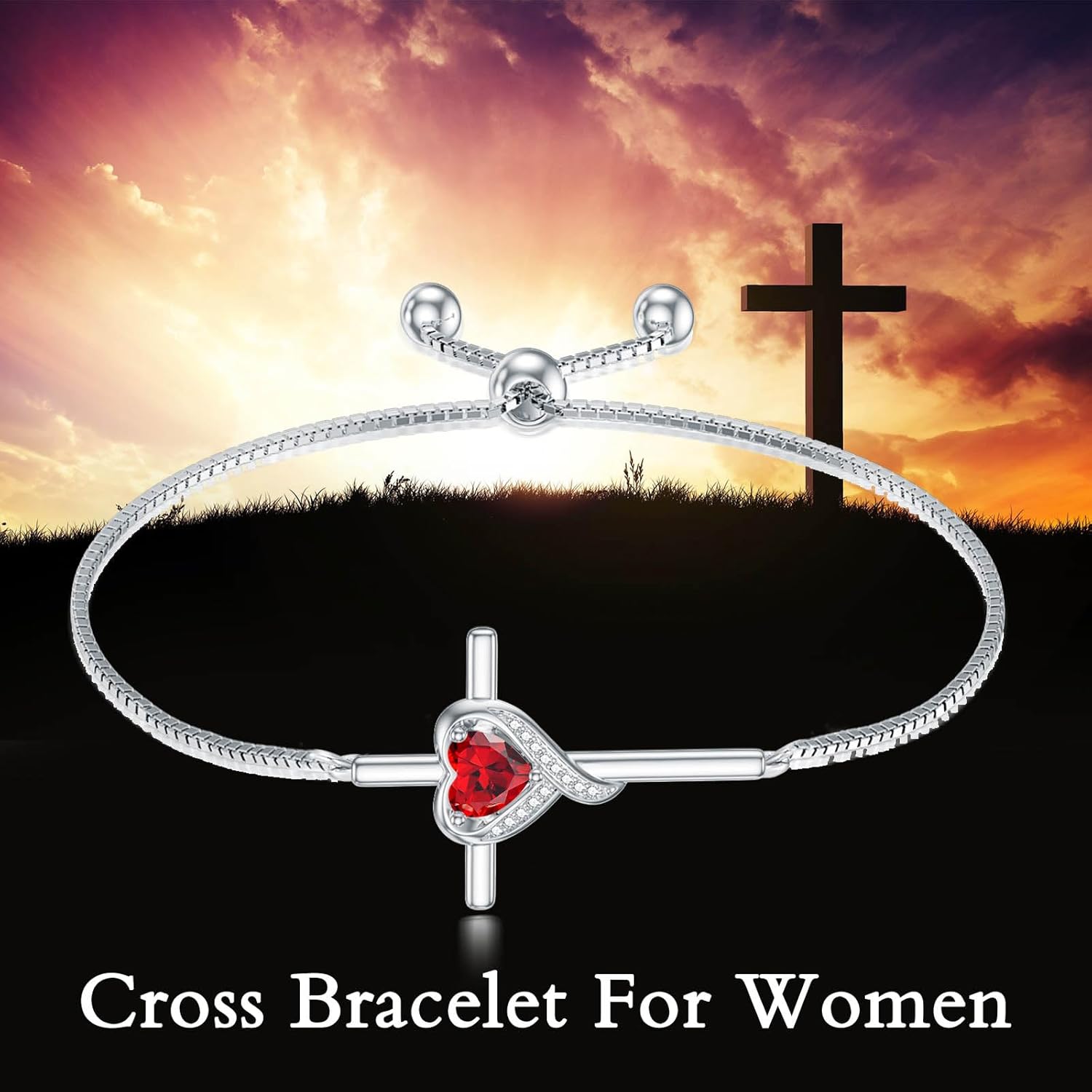 TOUPOP Birthstone Cross Bracelet for Women 925 Sterling Silver Cross Heart Bracelet Fine Jewelry Birthday Christmas Gifts for Her Girlfriend - Image 3