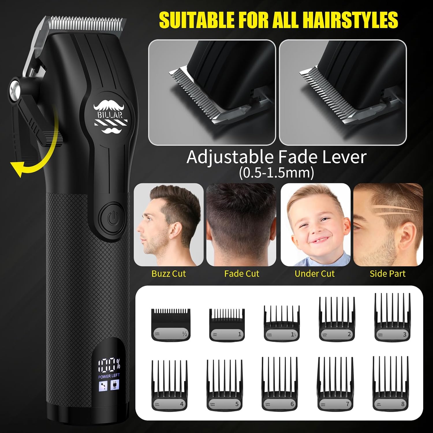 BILLAR® Professional Barber Clippers and Trimmer Set - Foil Shaver Professional Hair Clippers for Men, Mens Cordless Hair Clipper for Barbers Haircut Kit（Black） - Image 4