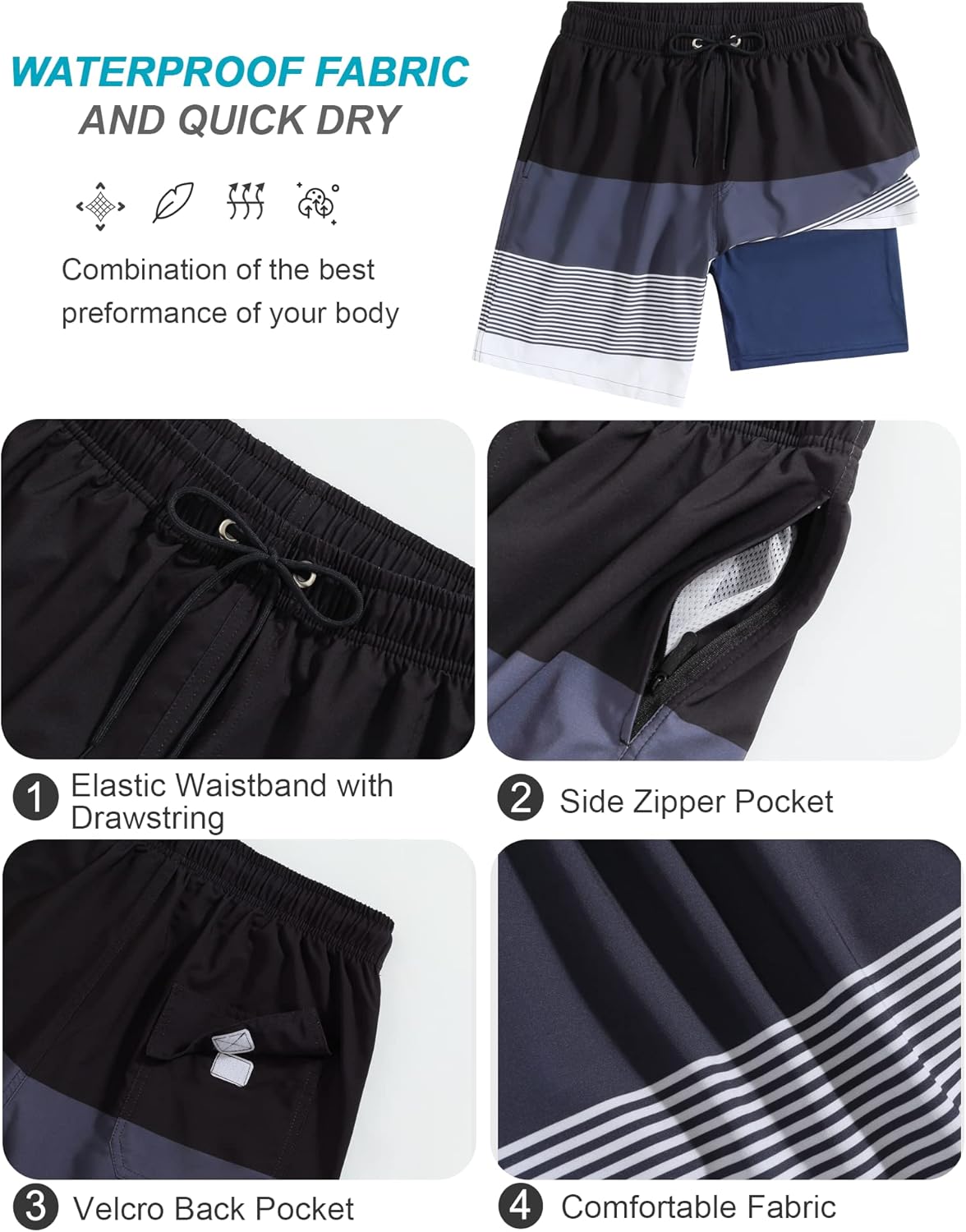 SILKWORLD Mens Swim Trunks Quick Dry Compression Liner 2 in 1 Shorts Men Swimsuit - Image 5