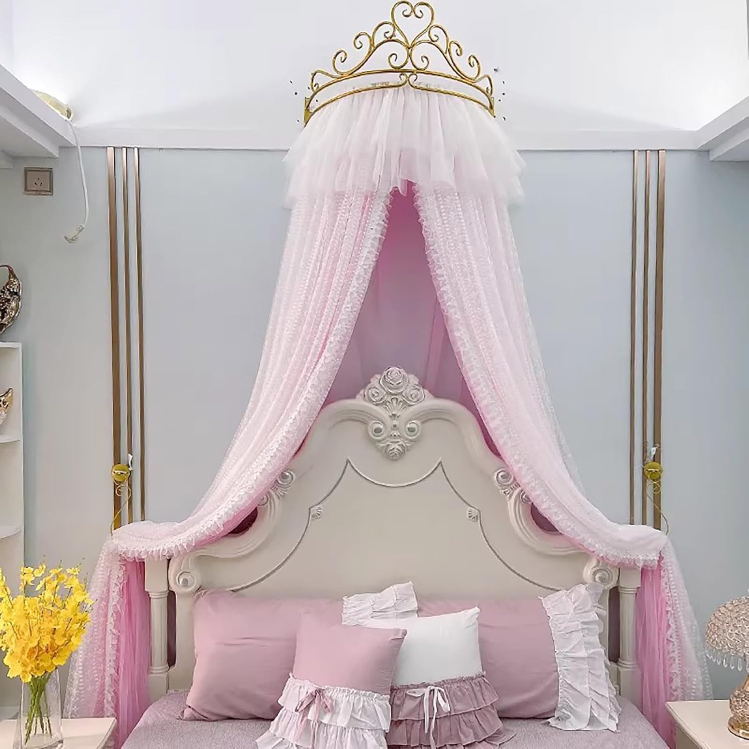 BK&MF Princess Crown Bed Canopy for Girls' Bedrooms, Romantic Lace Tulle Bed Curtain, Elegant Hanging Bed Canopy for Kids' Bed & Wedding Decor,A,120cm(48") Full