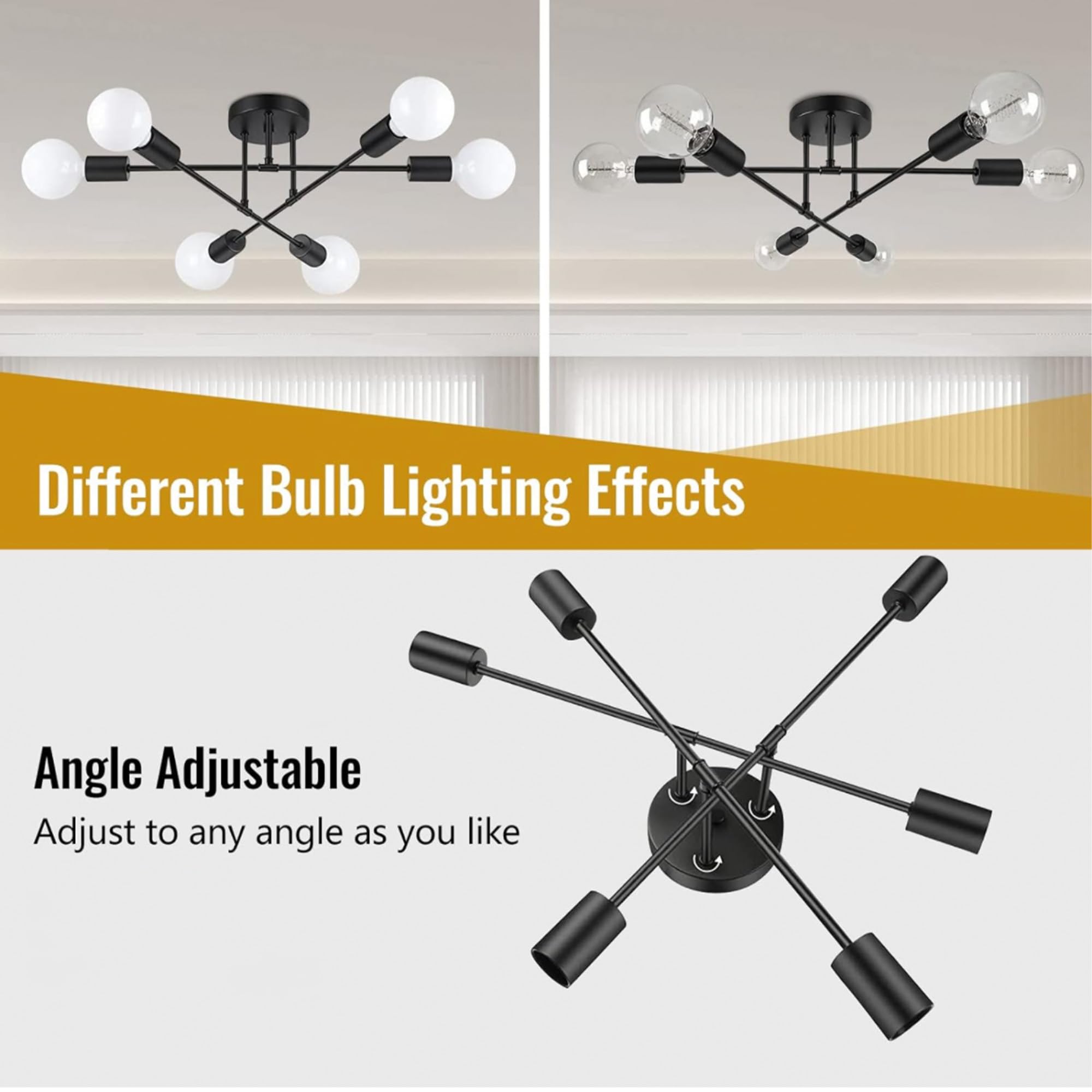 YHTlaeh Lampadario Soffitto Industrial Forma DIY Plafoniera E27 Moderno Lampada da Soffitto in Ferro Vintage per Camera da letto Soggiorno Cucina Corridoio (Nero, 6T)