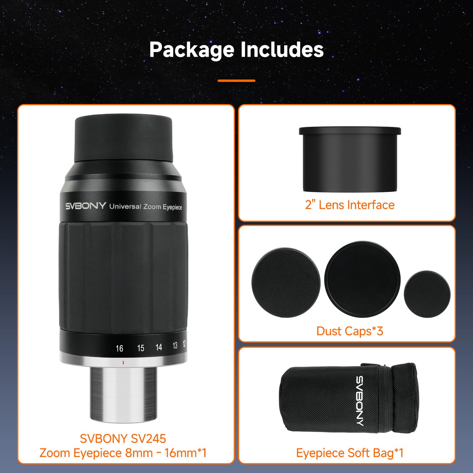 Svbony SV245 Oculare per Telescopio con Zoom, 1.25" 8 mm-16 mm Oculare Universale per Telescopio, Campo Visivo Costante 63° Accessori per Astronomia con Adattatore da 2", per Osservazione della luna