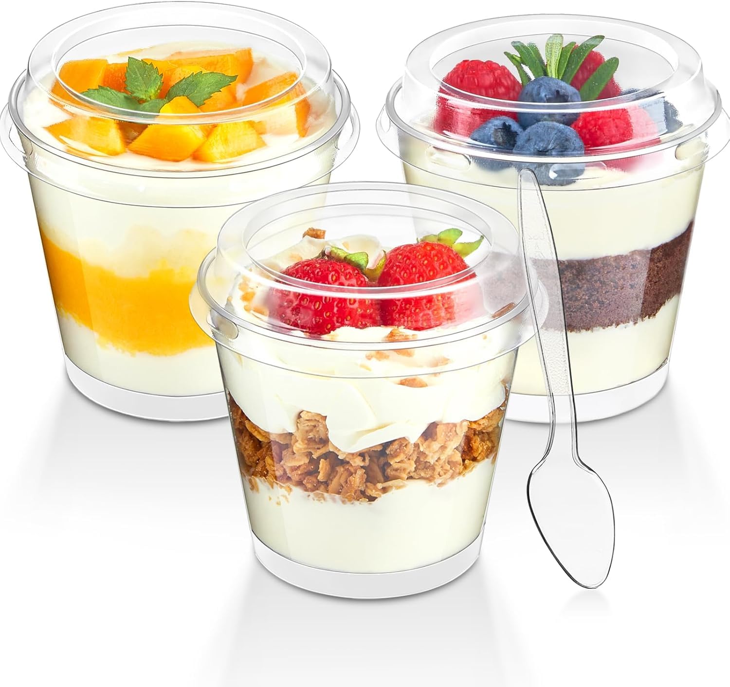 Qeirudu 50 Pack 6 oz Plastic Cups with Lids for Desserts, Mini Dessert Cups with Spoons Round Shooter Cups for Serving Yogurt Parfait Pudding Appetizers Fruit Ice Creams