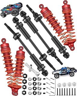 hopsupRC Upgrades Part for 1/10 Rustler/Slash/Stampede/Hoss 4x4 VXL 4wd, Aluminum Front Rear Big Bore RC Shock & #45 Steel Drive Shaft CVD Axles with Hex Hops up,Red