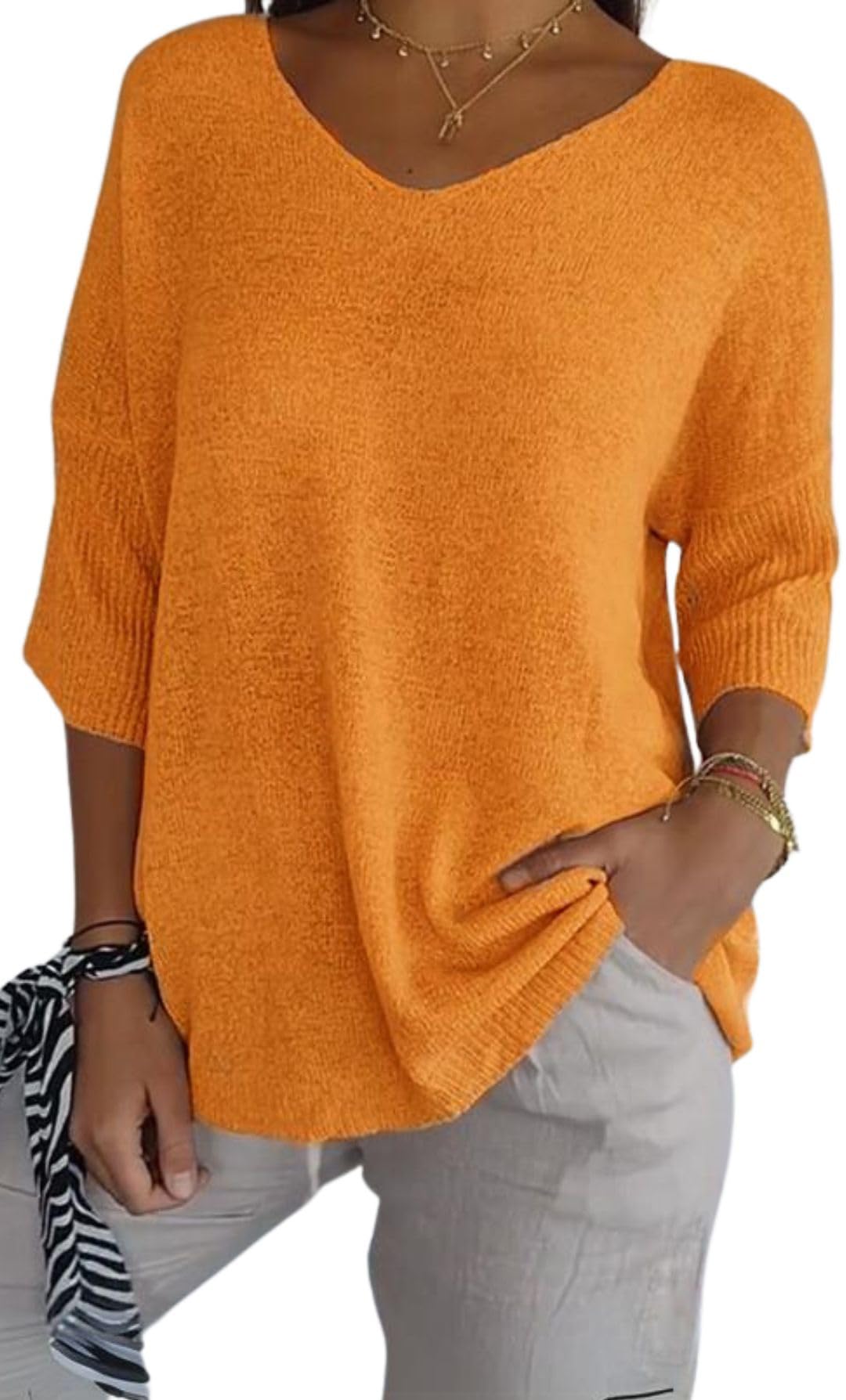 Womens Fall V Neck Sweaters Casual Loose 3 4 Sleeve Lightweight Knit Pullover Jumper Ladies Thinly Tops