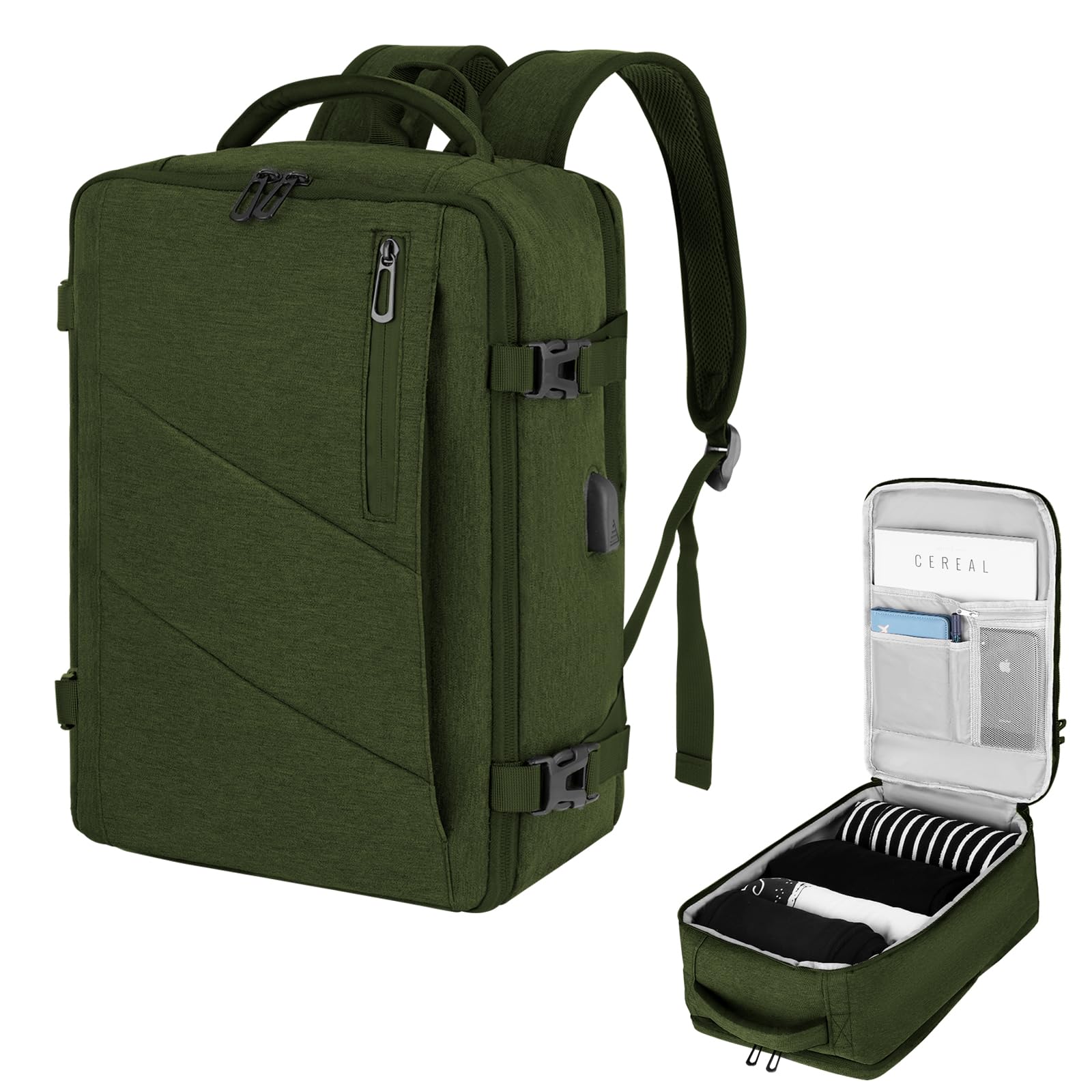 VOESLD Zaino per Ryanair 40x20x25, Zaino da Viaggio Aereo Bagaglio a Mano Verde Zaino Porta PC Donna Uomo Impermeabile Zaino Bagaglio a Mano per Tutte le Principali Compagnie Aeree, con Porta USB 20L
