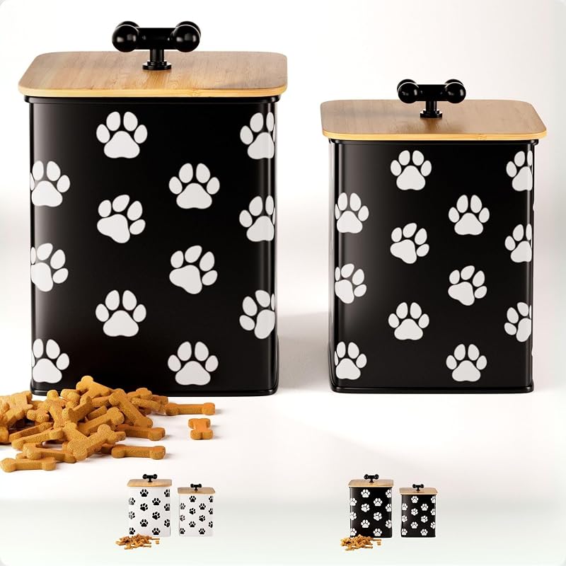 Potes para Petiscos de Cães com Tampa Hermética de Bambu HB Design Co Preto, Pacote com 2